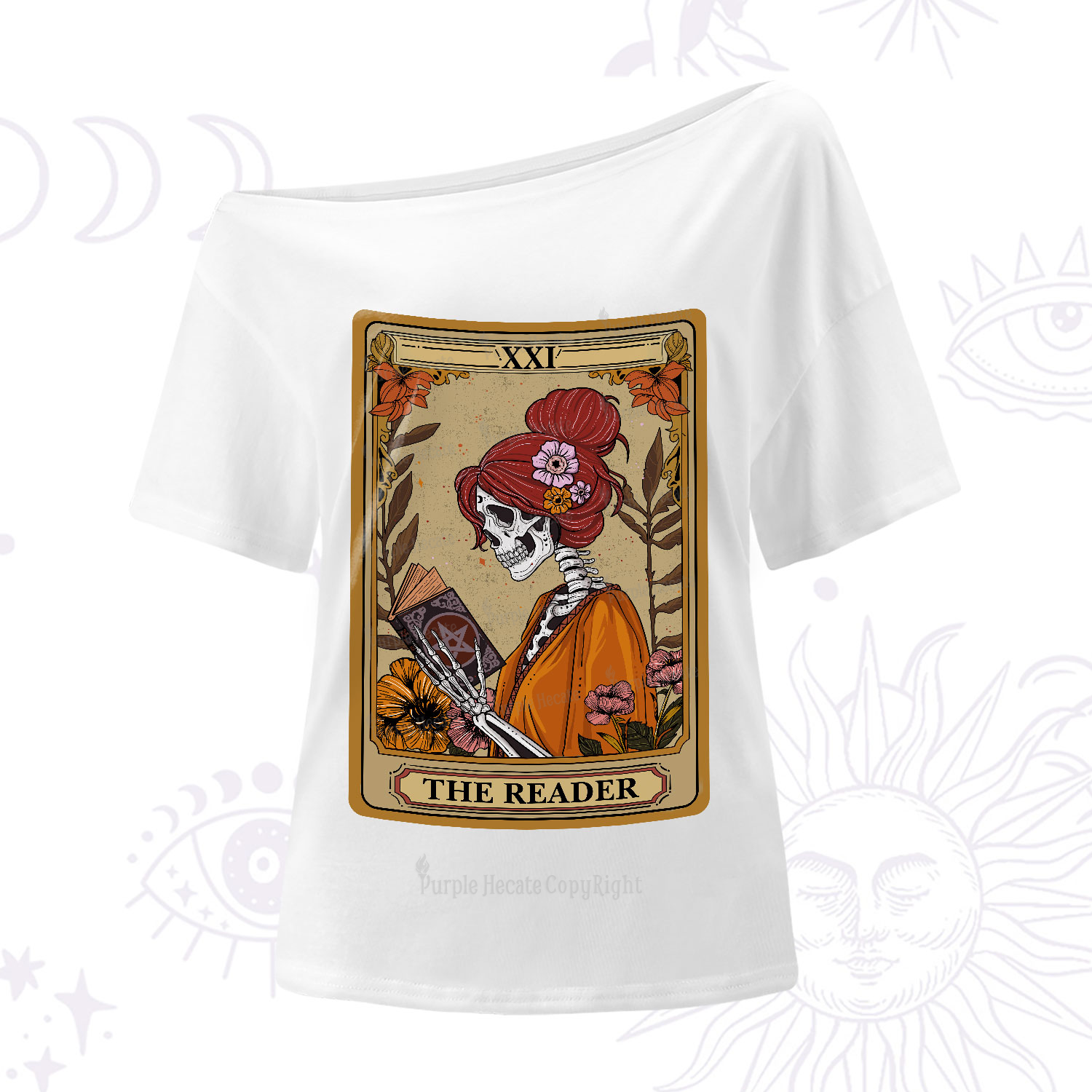 Purplehecate The Reader Tarot Card Skeleton One-Shoulder T-Shirt