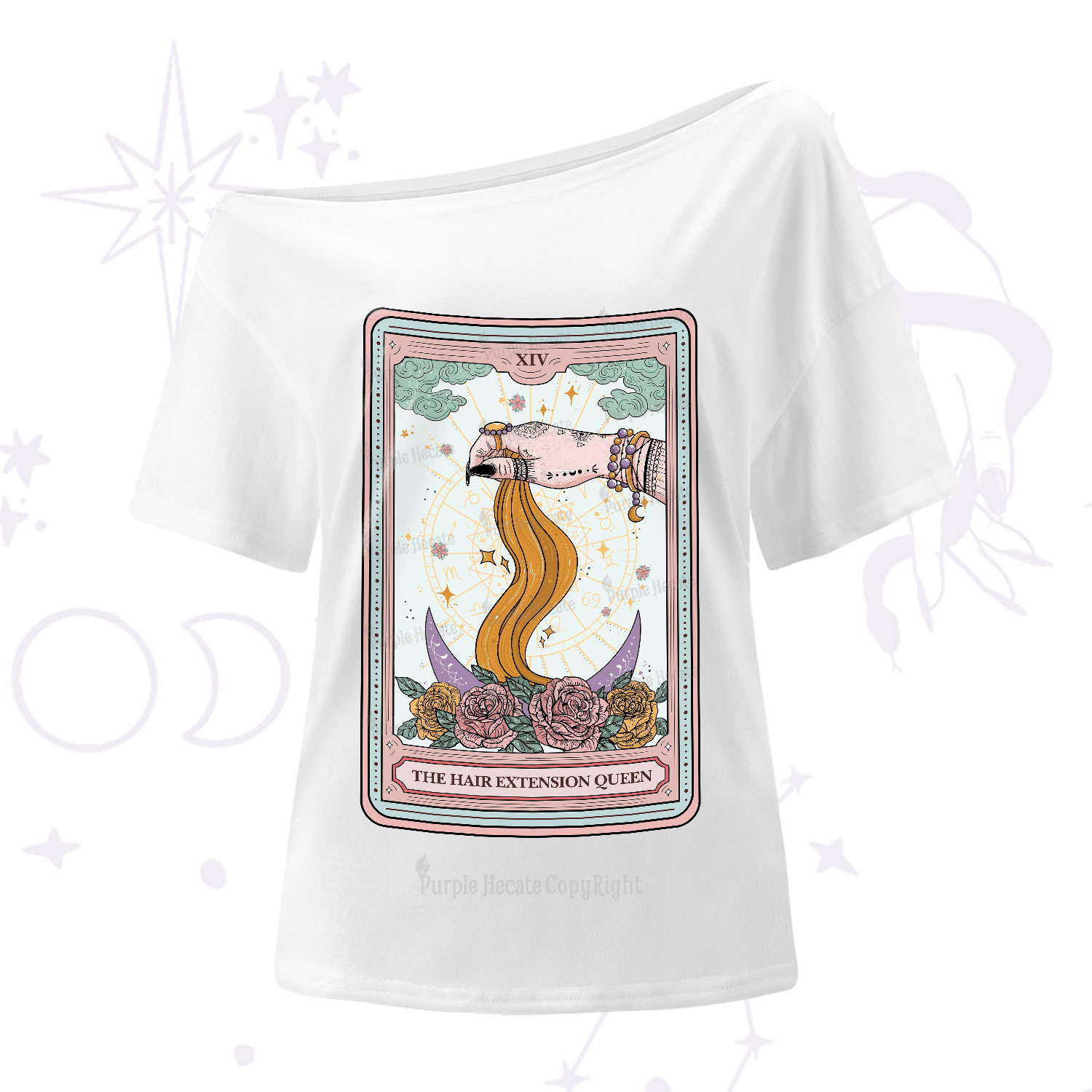 Purplehecate The Hair Extension Queen Tarot Card One-Shoulder T-Shirt