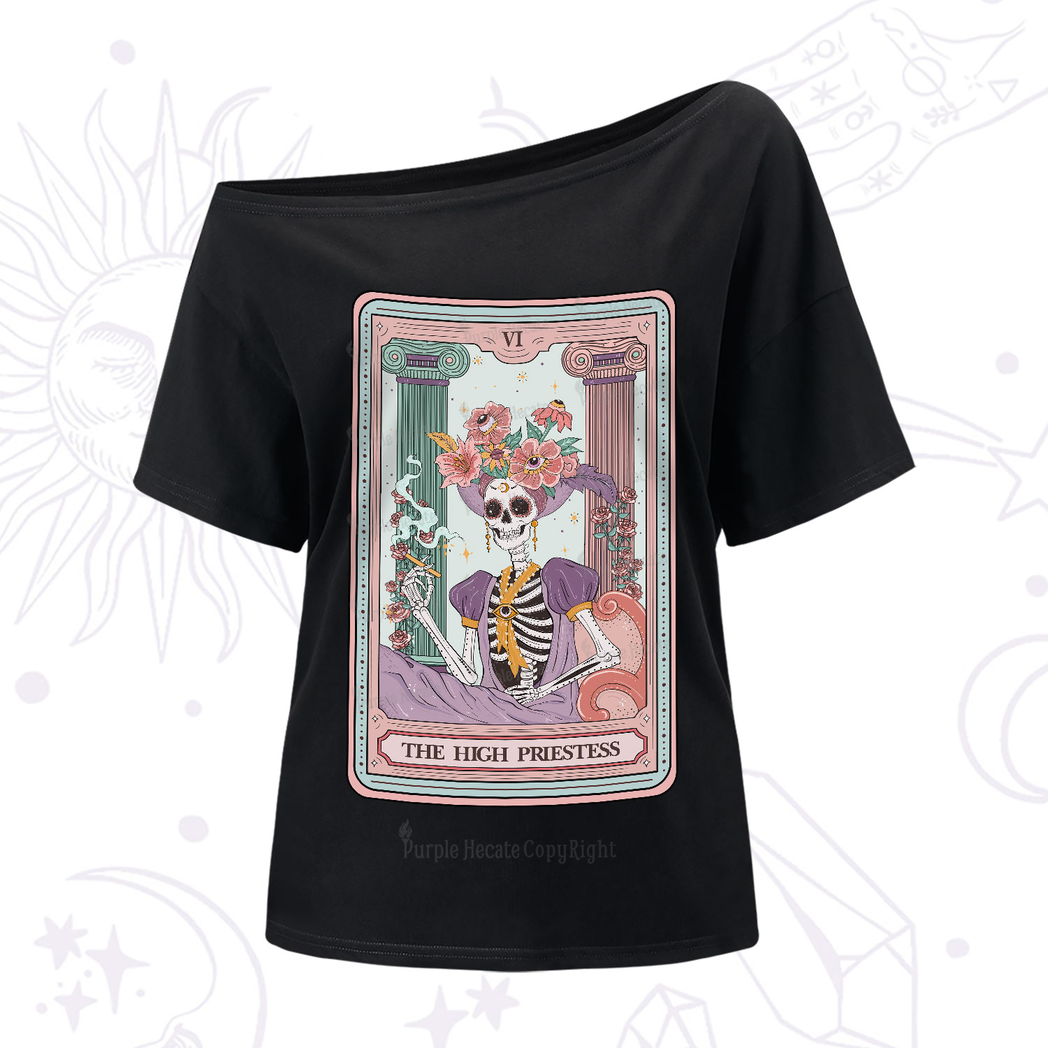 Purplehecate The High Priestess Skeleton Tarot One-Shoulder T-Shirt