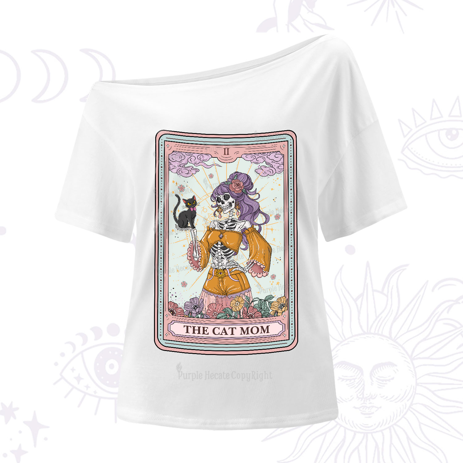 Purplehecate The Skeleton Cat Mom Tarot Card One-Shoulder T-Shirt