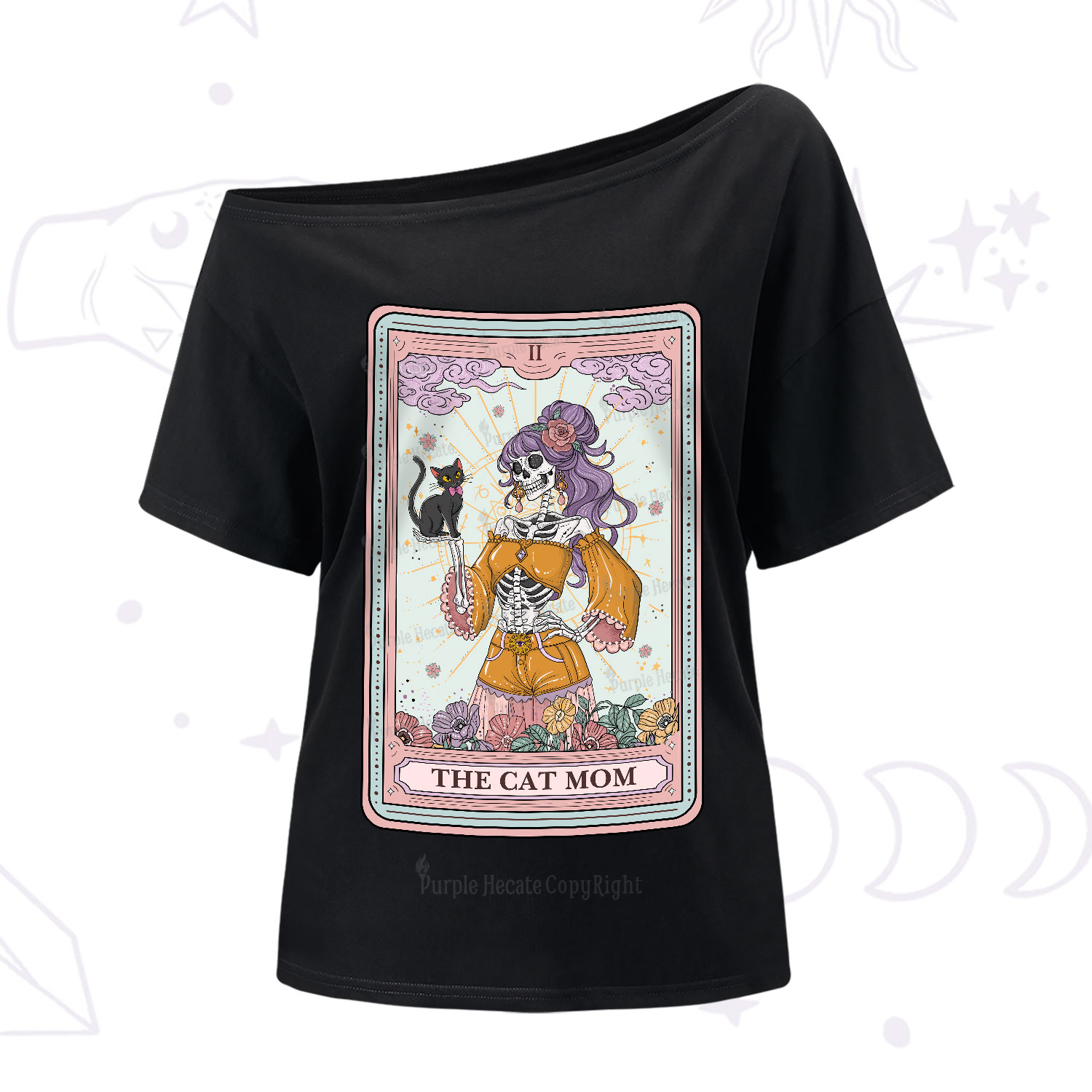 Purplehecate The Skeleton Cat Mom Tarot Card One-Shoulder T-Shirt