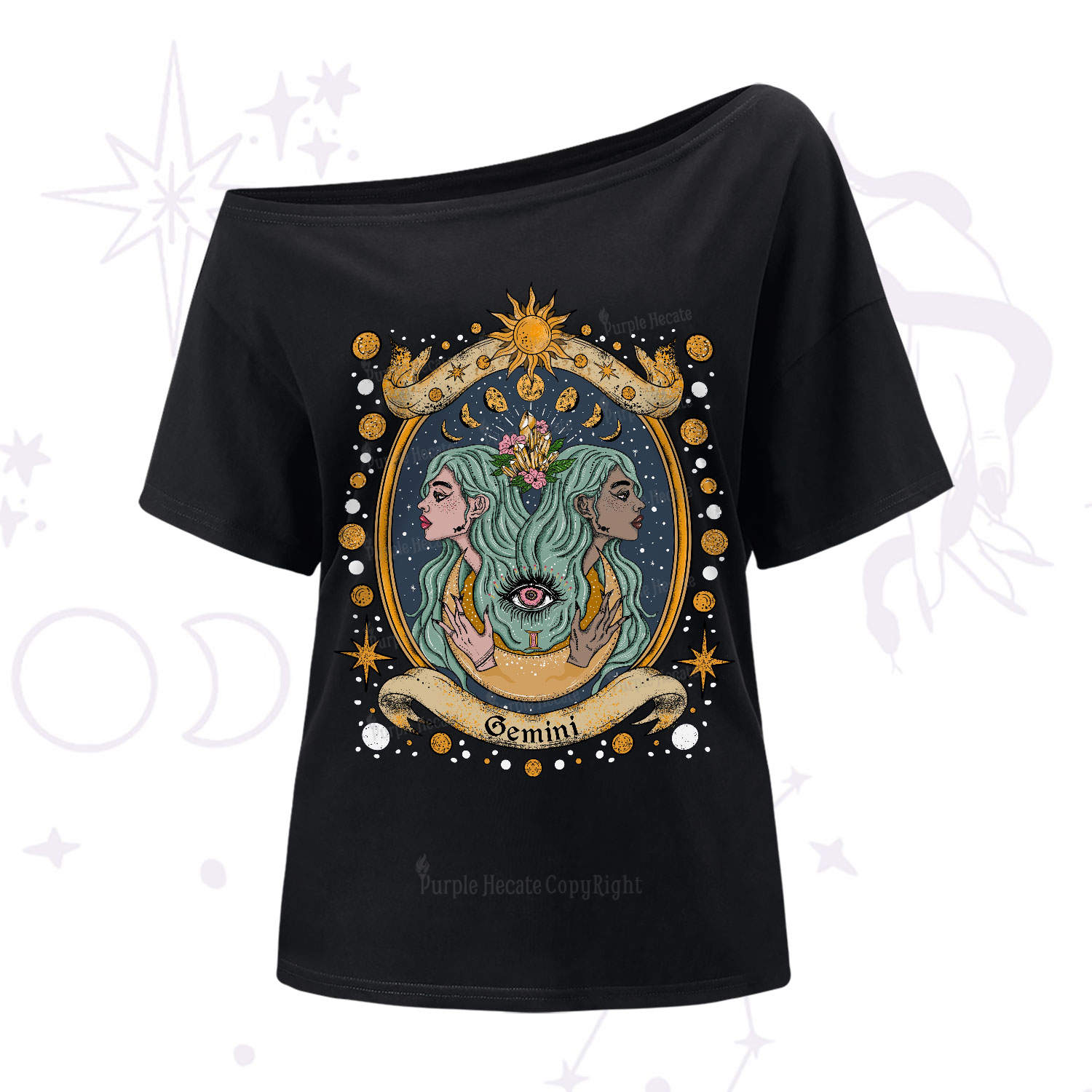 Purplehecate Celestial Gemini Zodiac One-Shoulder T-Shirt