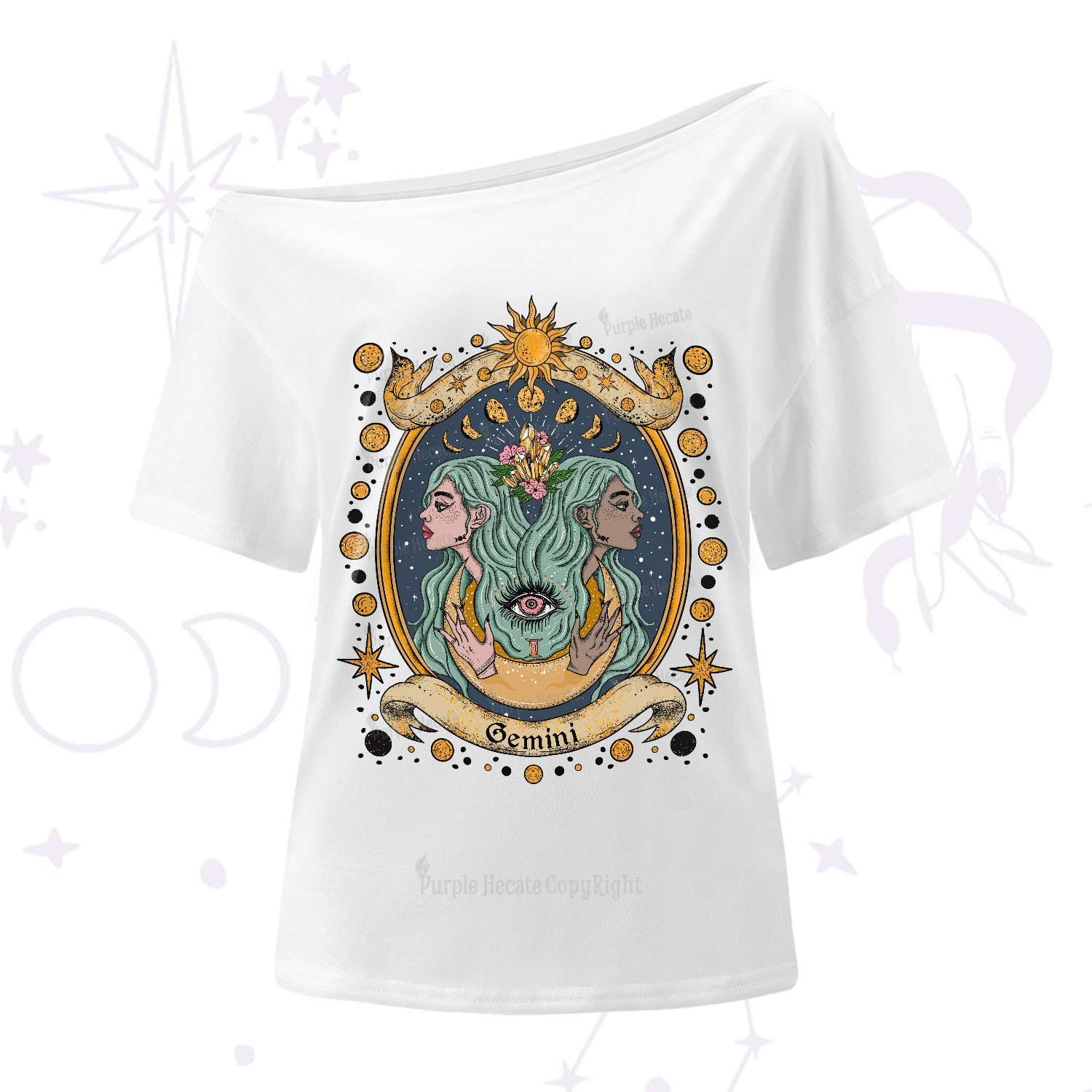 Purplehecate Celestial Gemini Zodiac One-Shoulder T-Shirt