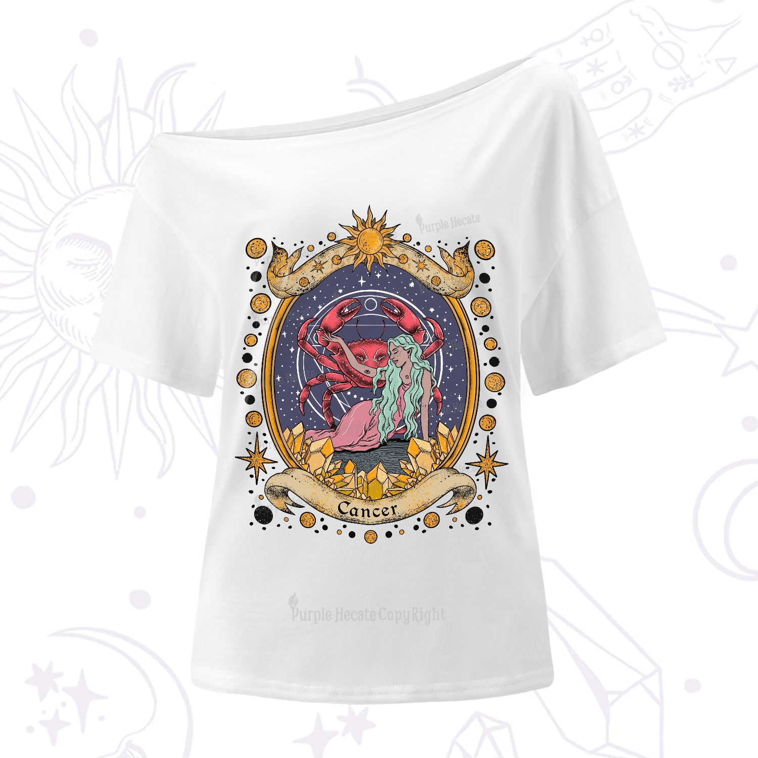 Purplehecate Celestial Cancer Zodiac One-Shoulder T-Shirt
