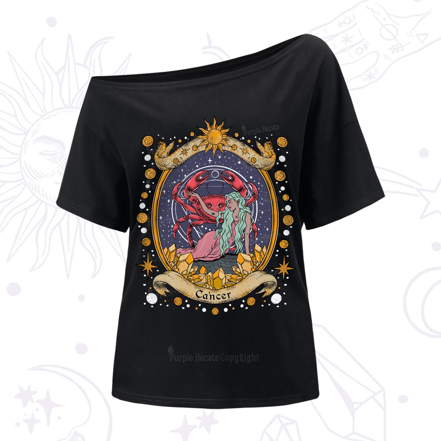 Purplehecate Celestial Cancer Zodiac One-Shoulder T-Shirt