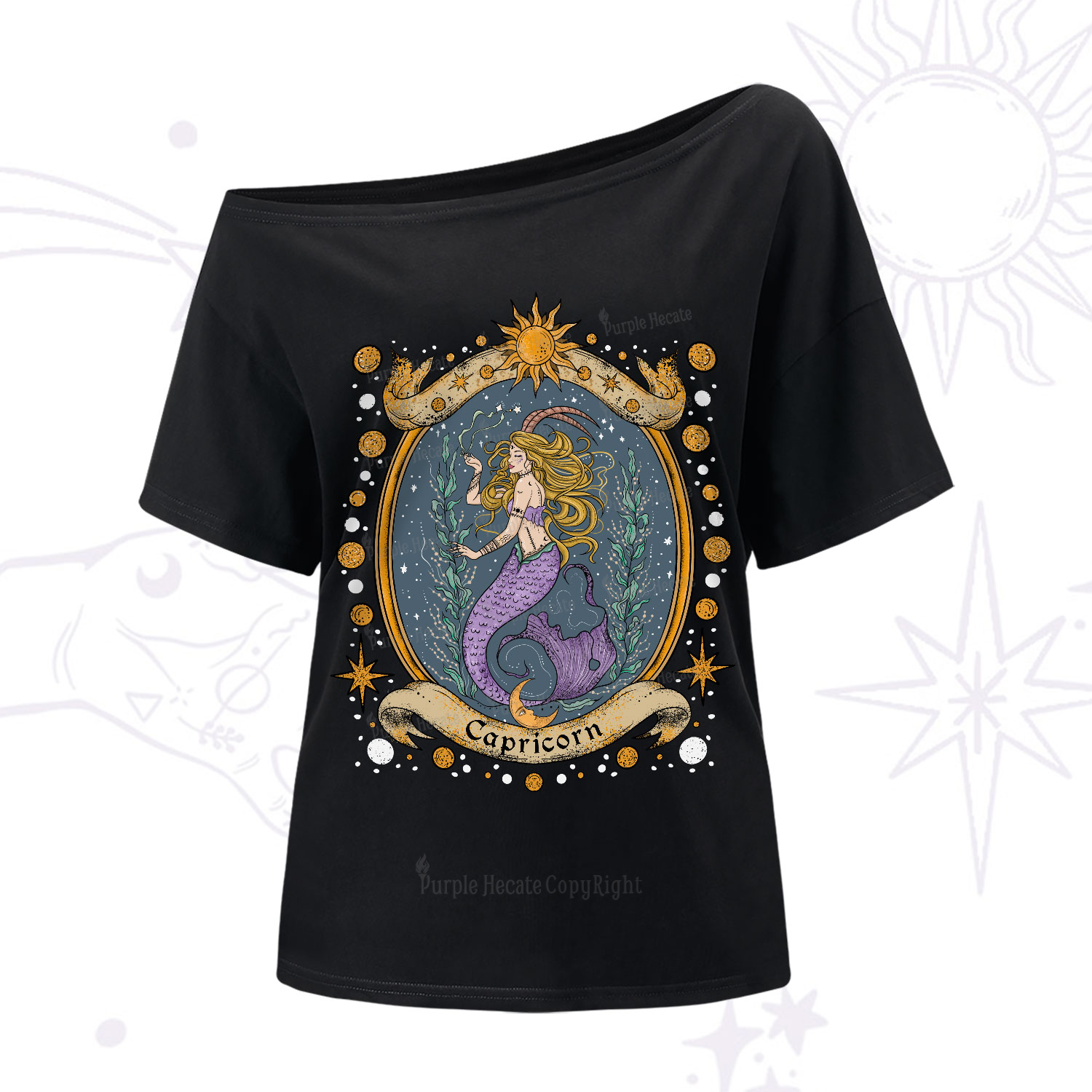 Purplehecate Celestial Capricorn Zodiac One-Shoulder T-Shirt