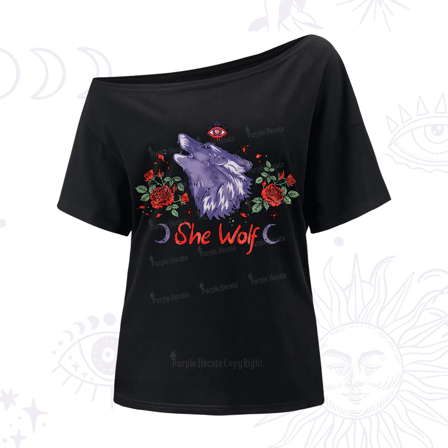 Purplehecate Moon Wolf One-Shoulder T-Shirt
