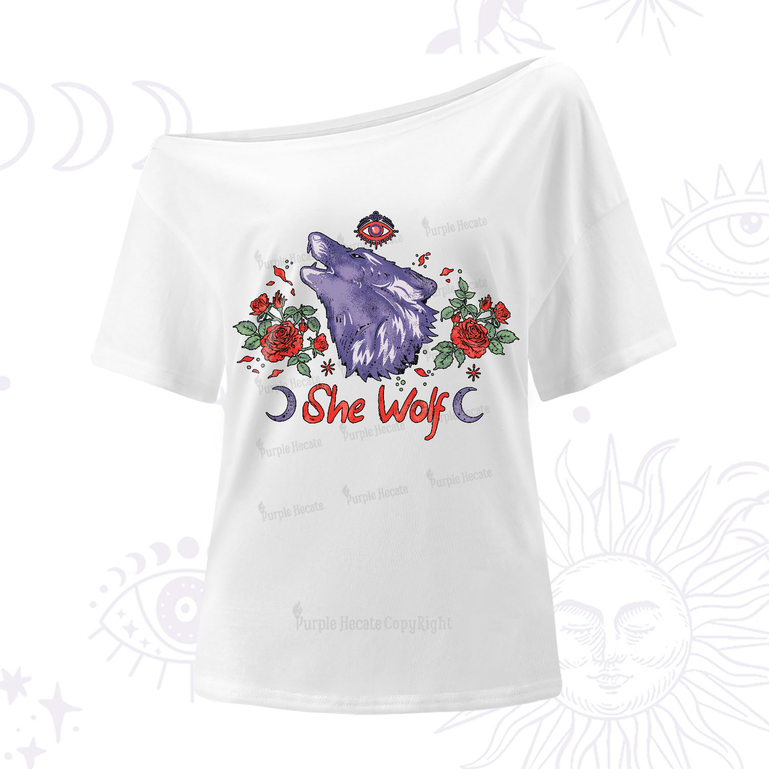 Purplehecate Moon Wolf One-Shoulder T-Shirt