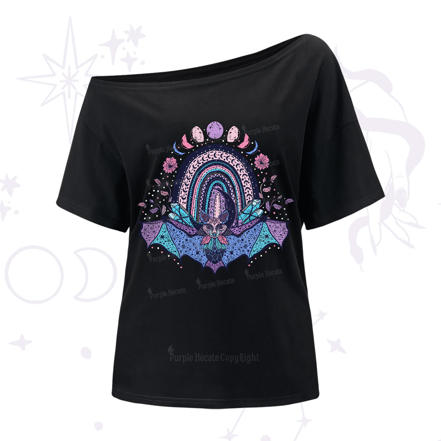 Purplehecate Moon Phase Bat One-Shoulder T-Shirt
