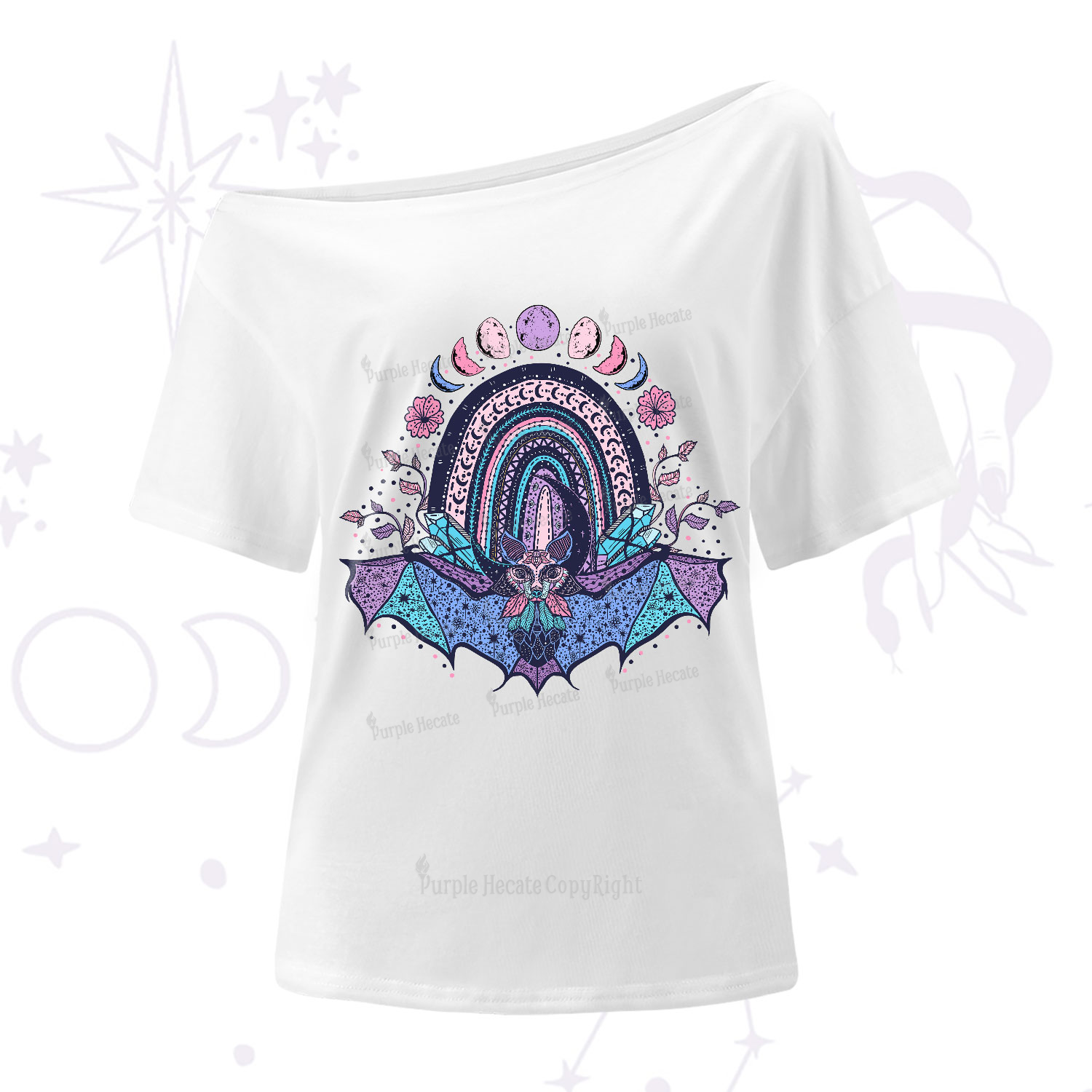 Purplehecate Moon Phase Bat One-Shoulder T-Shirt