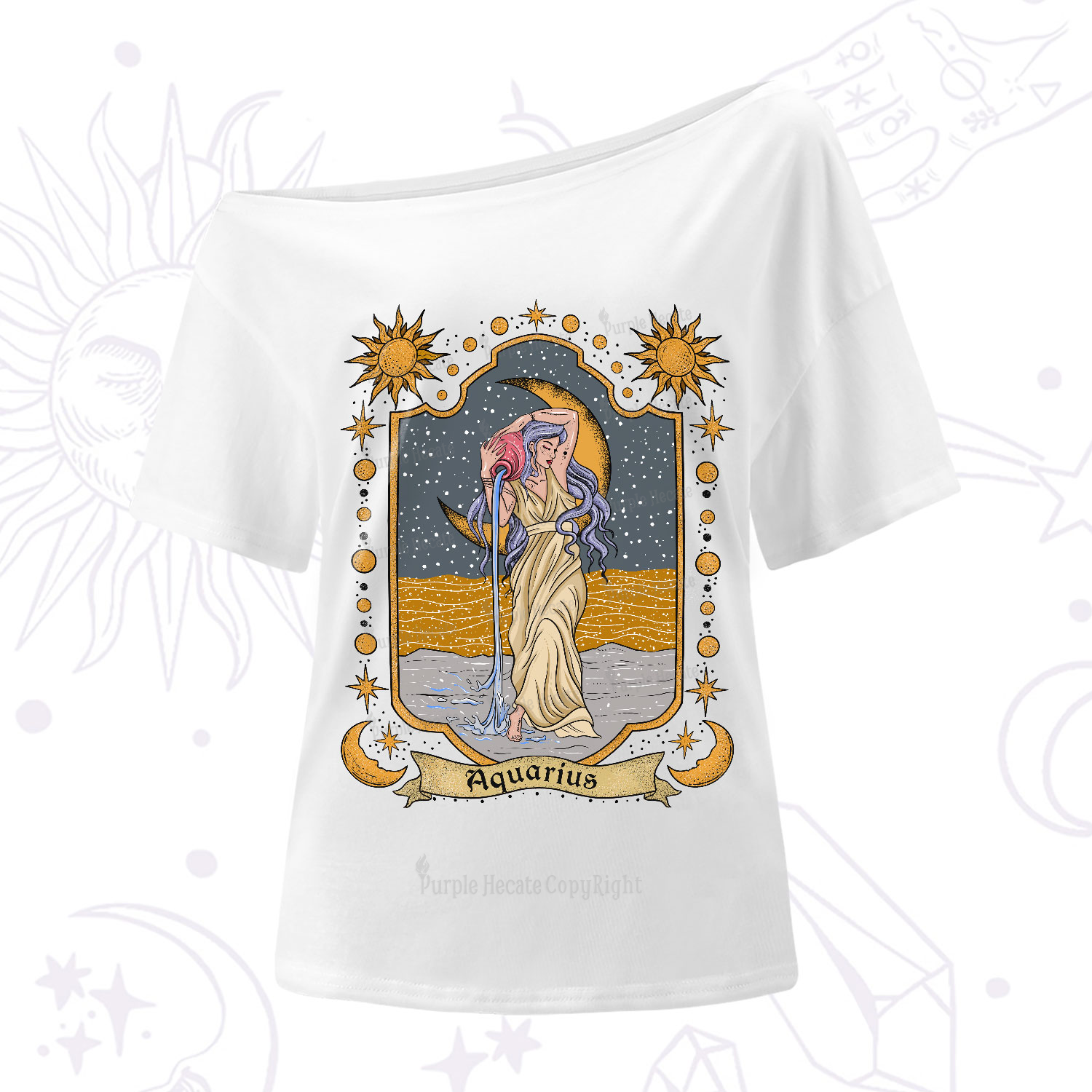 Purplehecate Aquarius Zodiac One-Shoulder T-Shirt