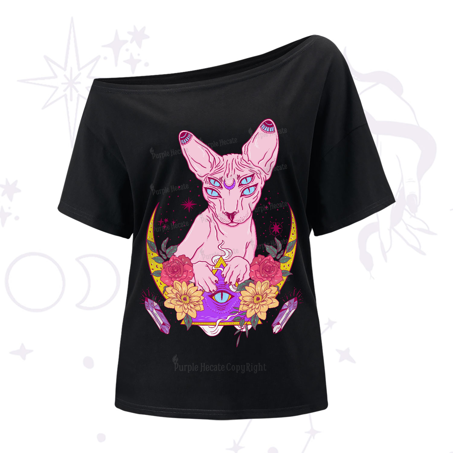 Purplehecate Moon Phase Cat One-Shoulder T-Shirt