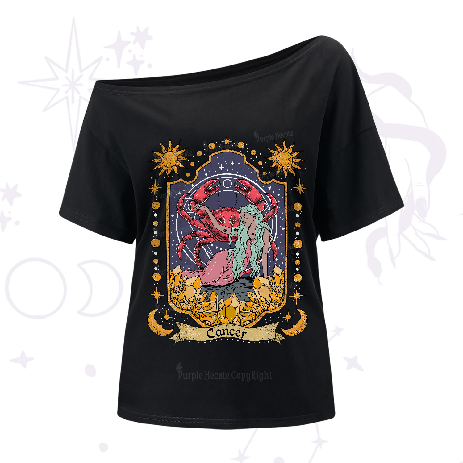 Purplehecate Cancer Zodiac One-Shoulder T-Shirt
