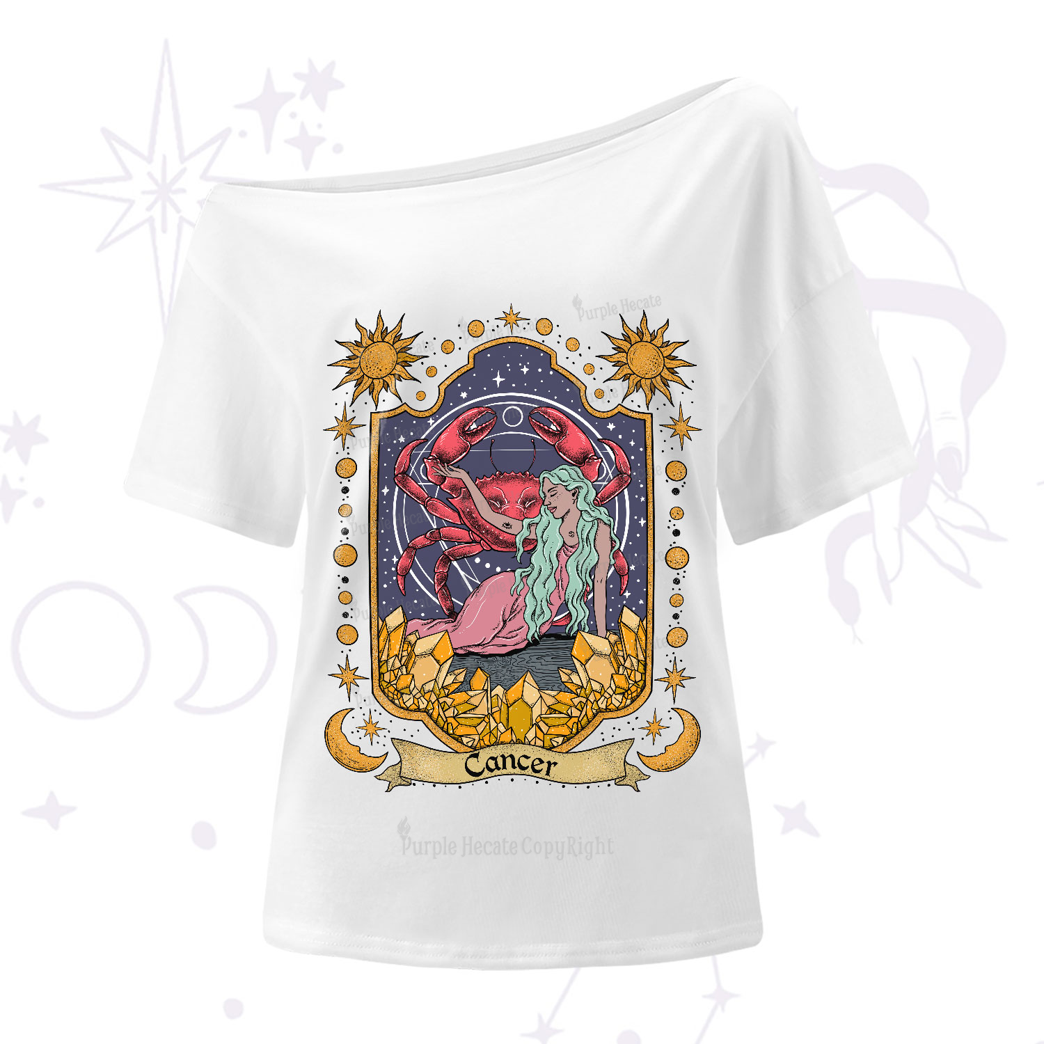 Purplehecate Cancer Zodiac One-Shoulder T-Shirt