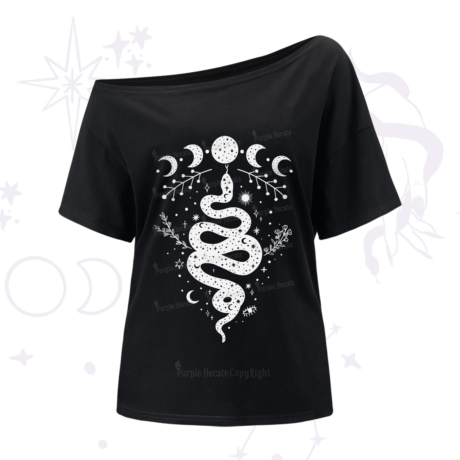 Purplehecate Snake And Moon Phase Comfort One-Shoulder T-Shirt