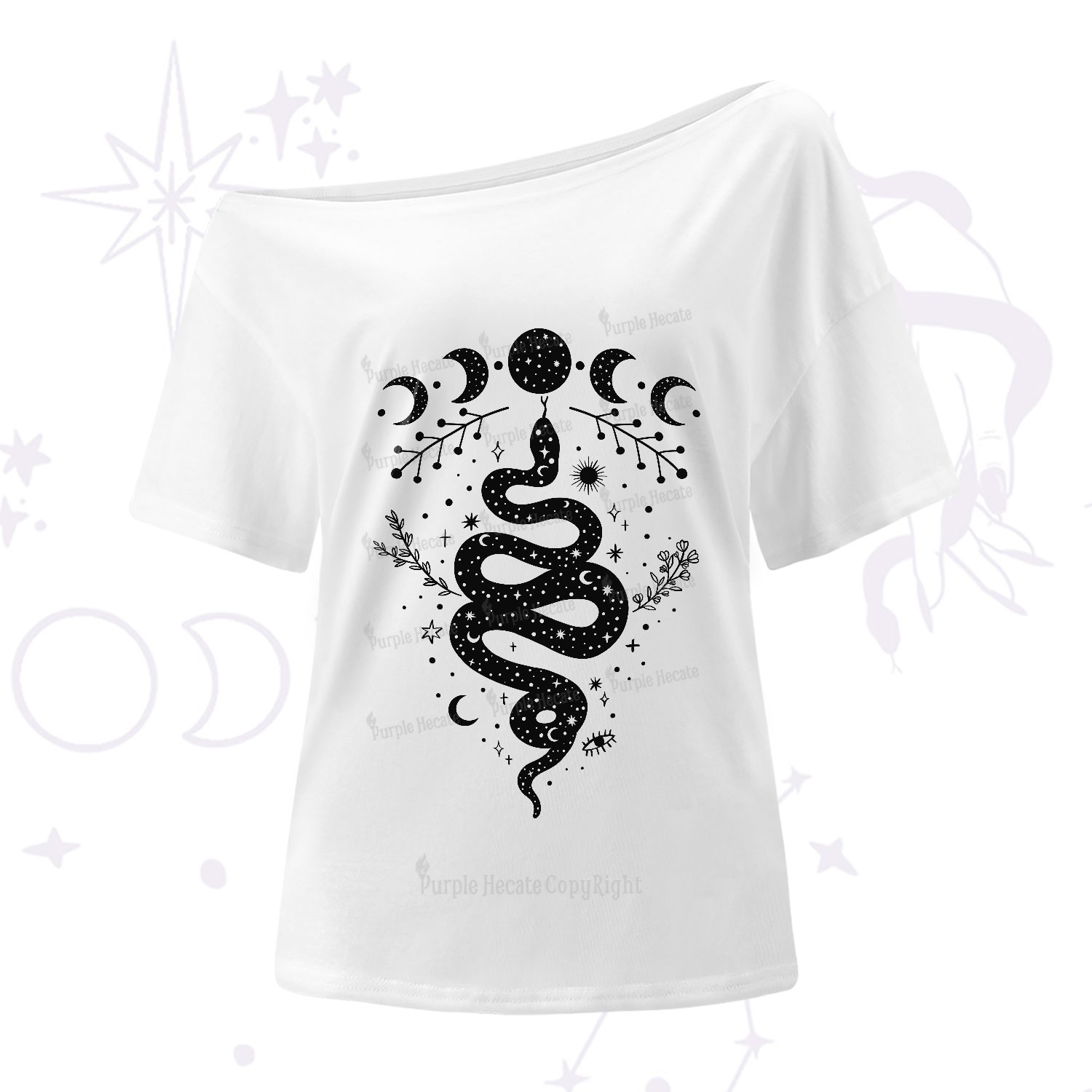 Purplehecate Snake And Moon Phase Comfort One-Shoulder T-Shirt