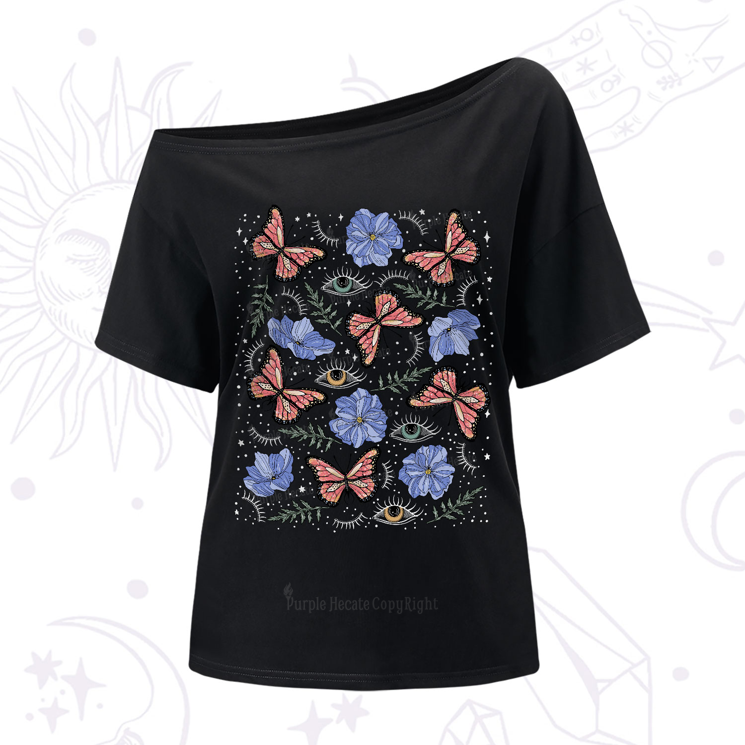 Purplehecate Butterfly Floral One-Shoulder T-Shirt