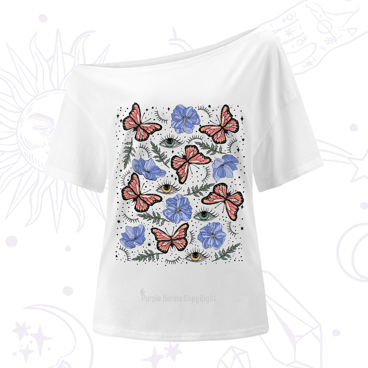 Purplehecate Butterfly Floral One-Shoulder T-Shirt