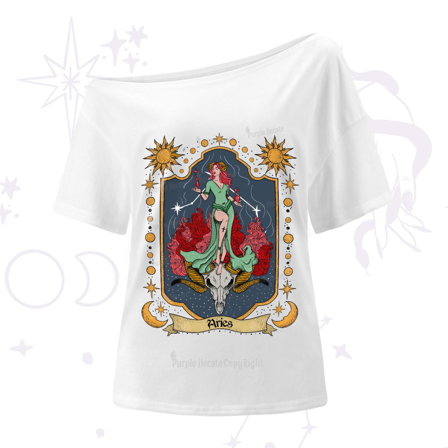 Purplehecate Aries Zodiac One-Shoulder T-Shirt
