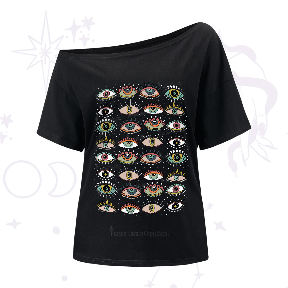 Purplehecate Evil Eye Pattern One-Shoulder T-Shirt