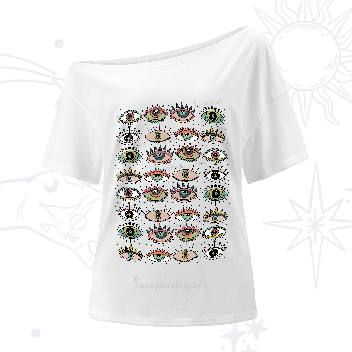 Purplehecate Evil Eye Pattern One-Shoulder T-Shirt