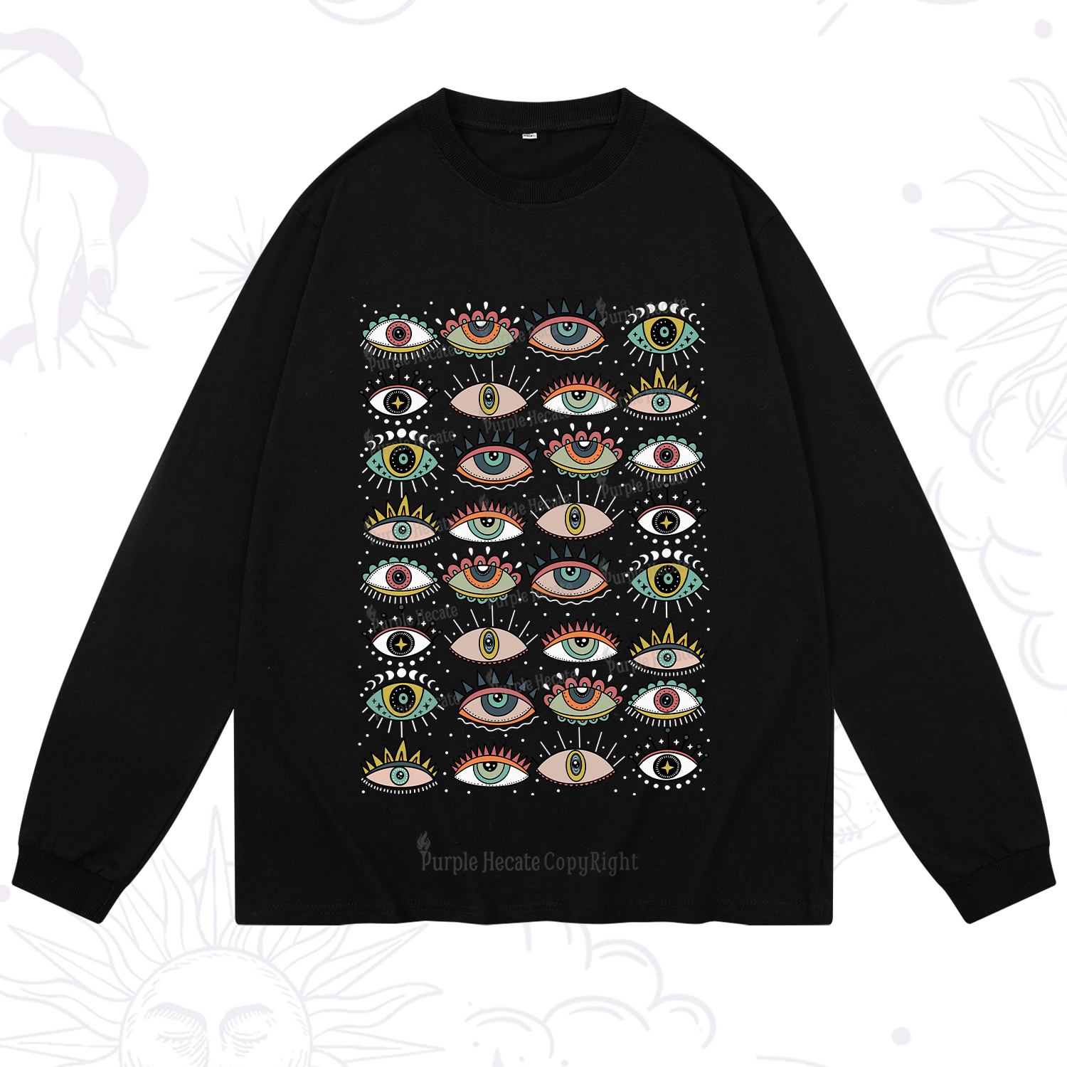 Purplehecate Evil Eye Pattern Long Sleeve T-Shirt