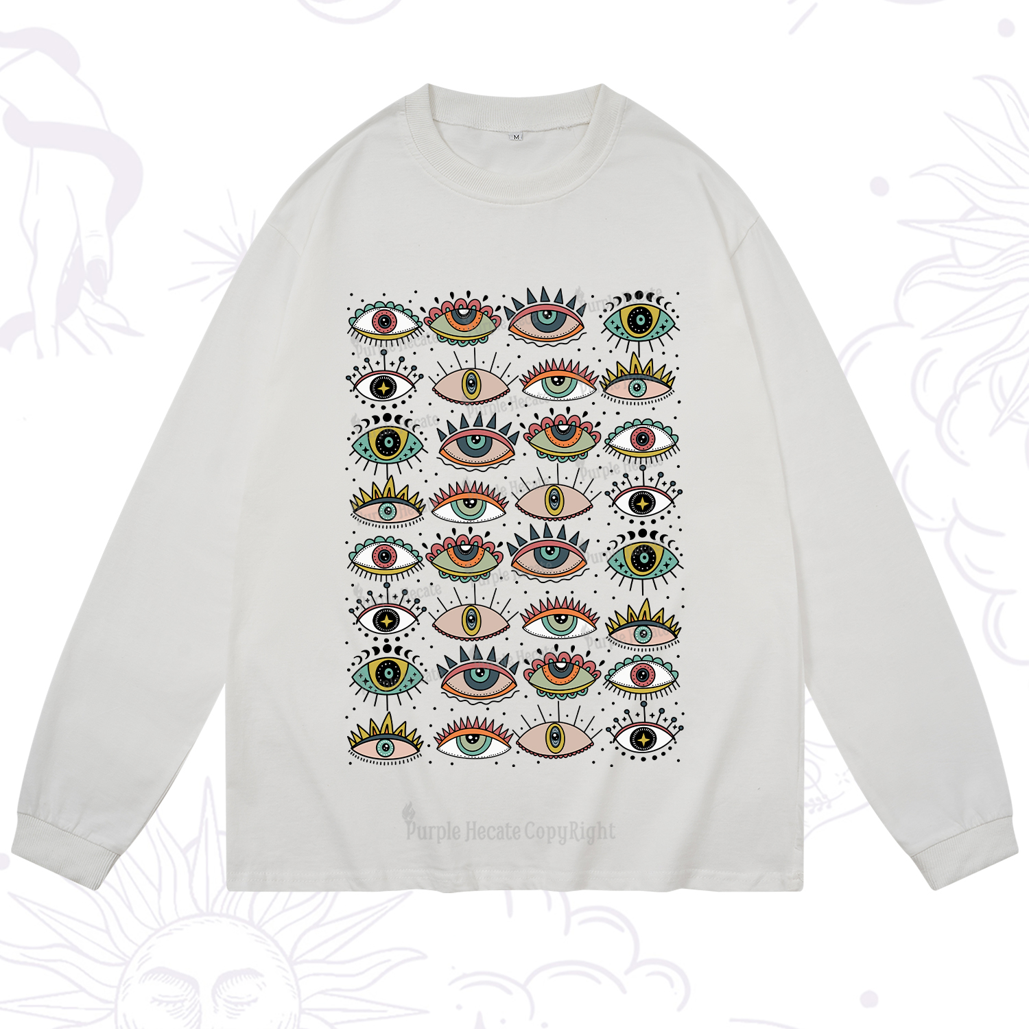 Purplehecate Evil Eye Pattern Long Sleeve T-Shirt