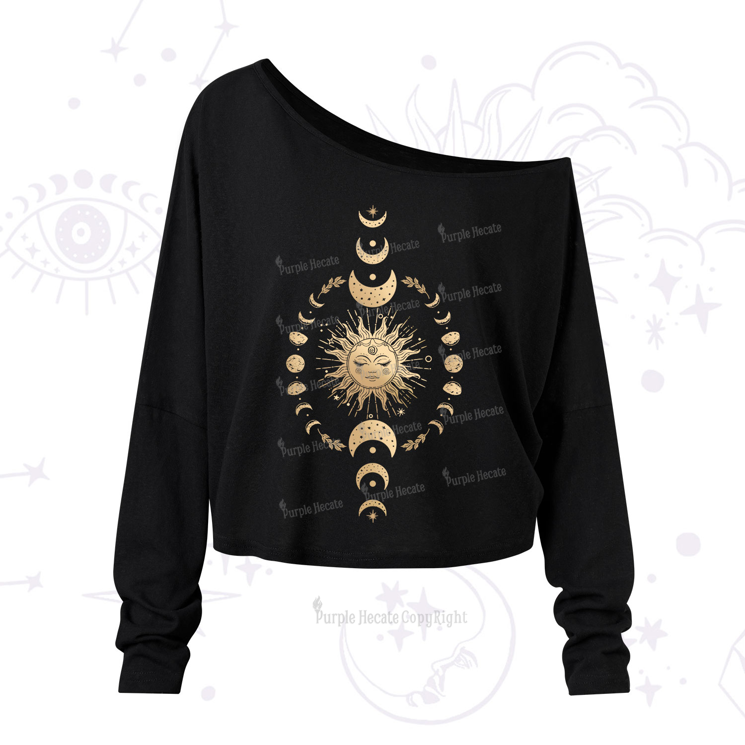 Purplehecate Celestial Sun & Moon Phases One Shoulder Long Sleeve Shirt