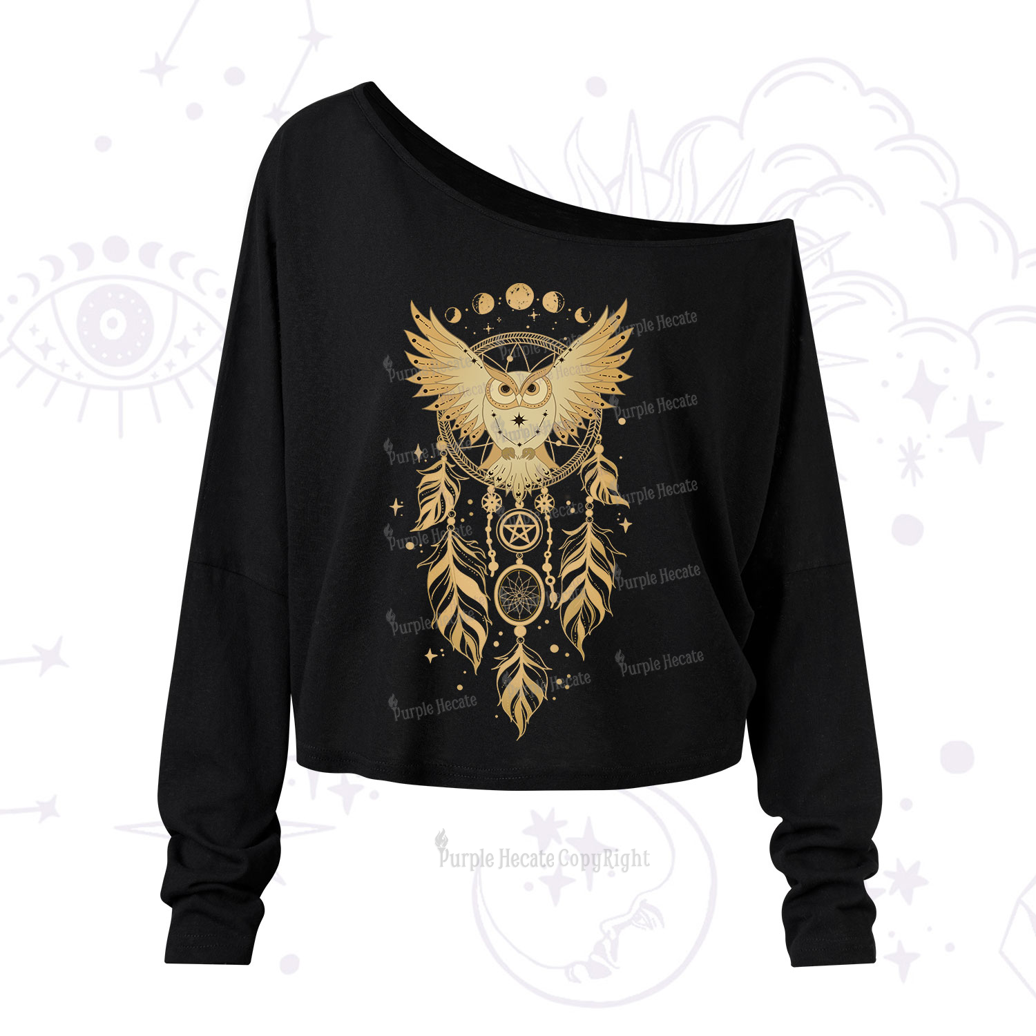 Purplehecate Mystical Owl Dreamcatcher One Shoulder Long Sleeve Shirt