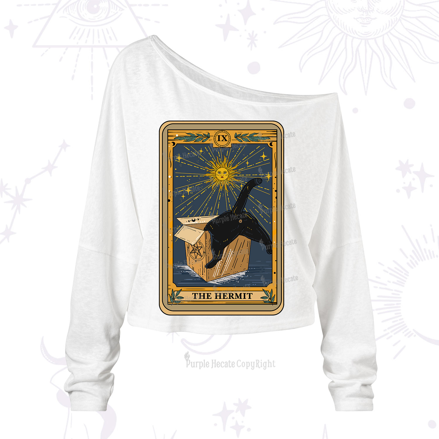 Purplehecate The Cardboard Hermit Cat Tarot One Shoulder Long Sleeve Shirt