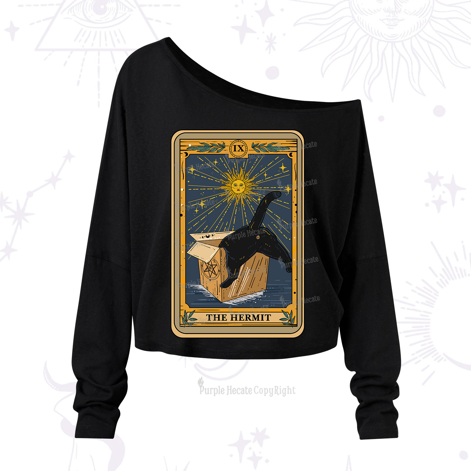 Purplehecate The Cardboard Hermit Cat Tarot One Shoulder Long Sleeve Shirt