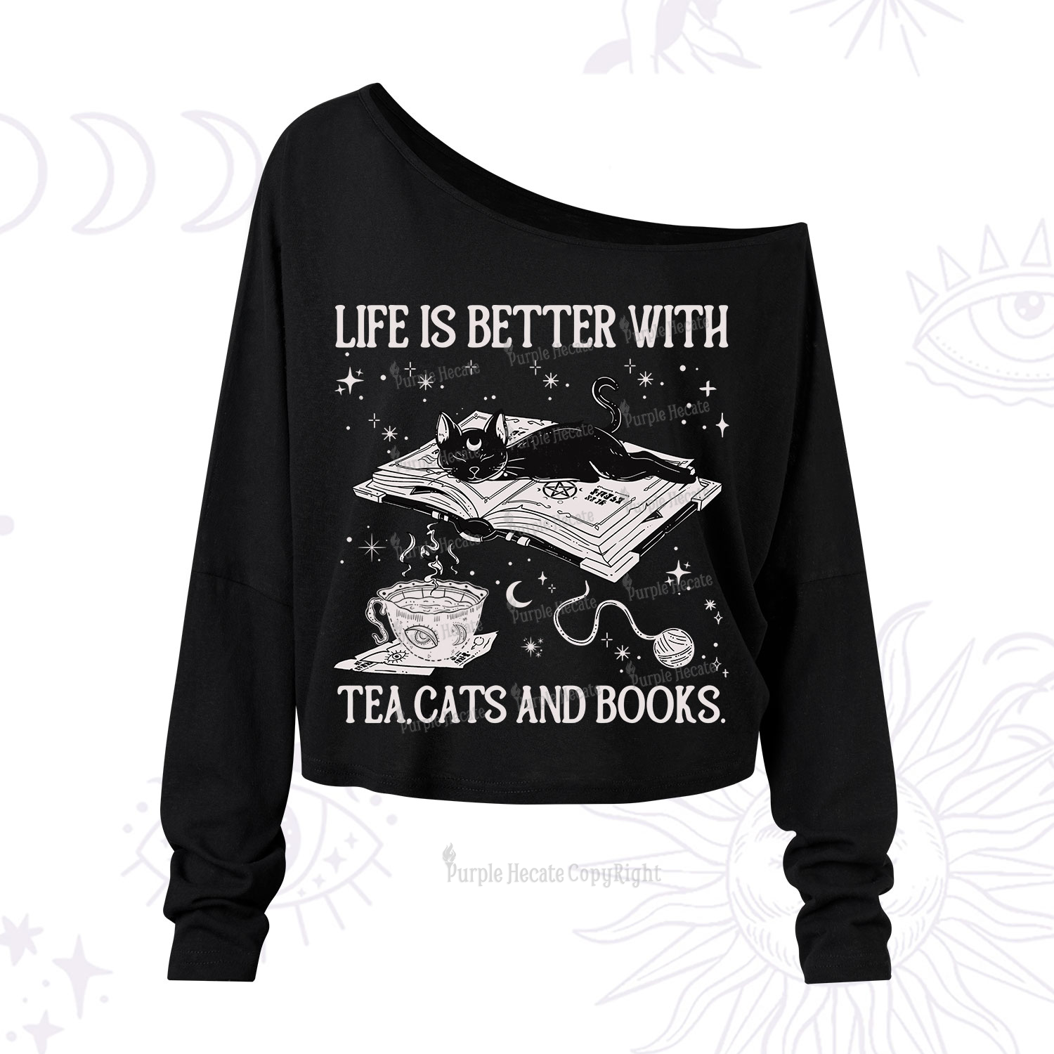 Purplehecate Life Is Better With Cats And Books One Shoulder Long Sleeve Shirt