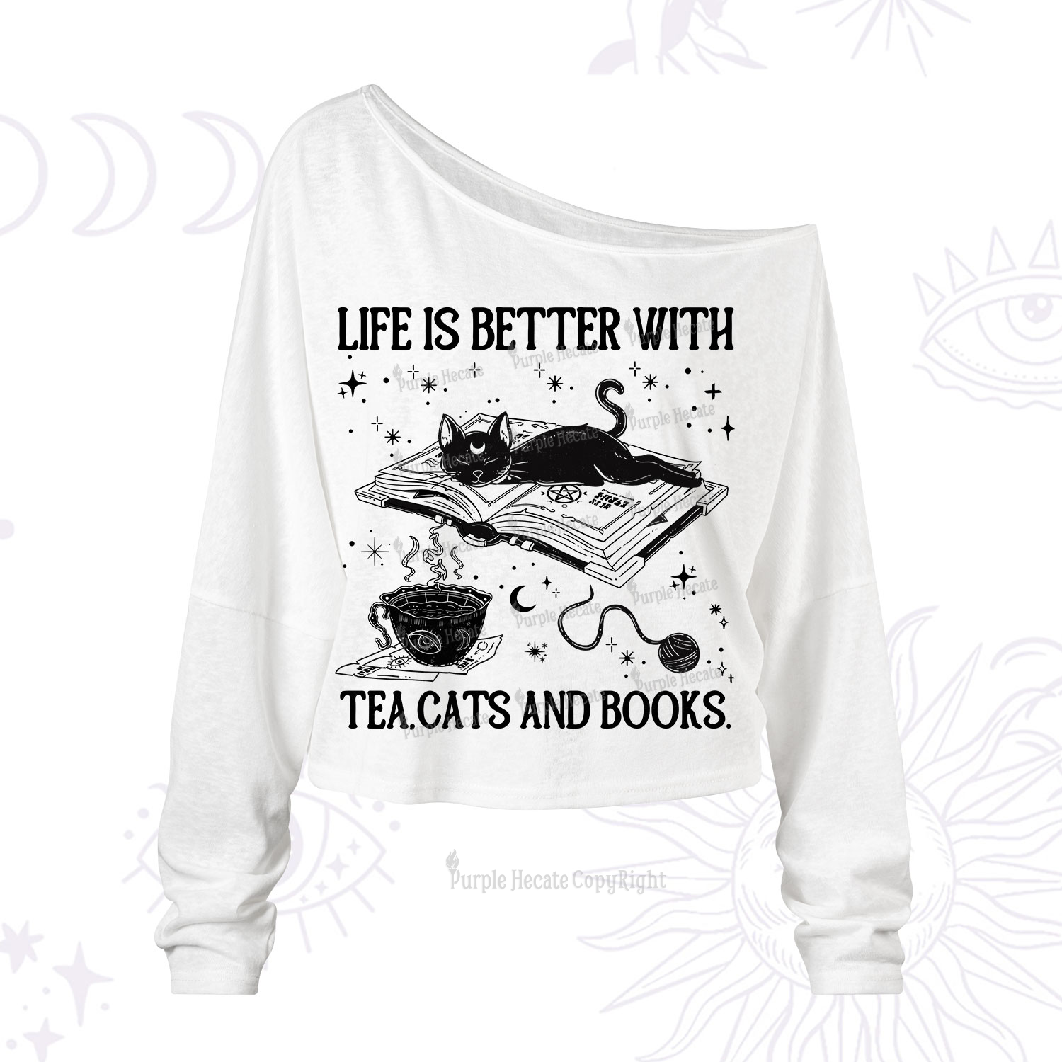 Purplehecate Life Is Better With Cats And Books One Shoulder Long Sleeve Shirt