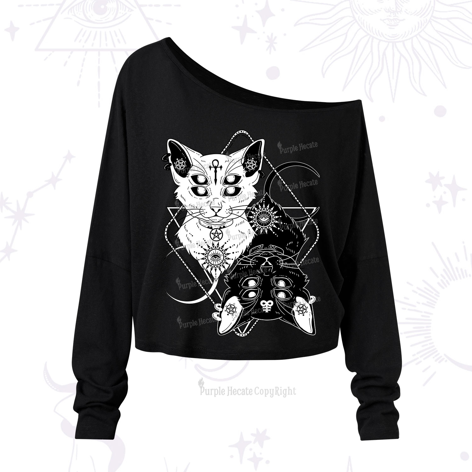 Purplehecate Occult Mirror Cats One Shoulder Long Sleeve Shirt