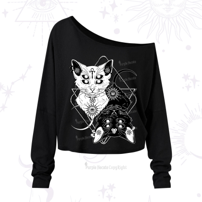 Purplehecate Occult Mirror Cats One Shoulder Long Sleeve Shirt