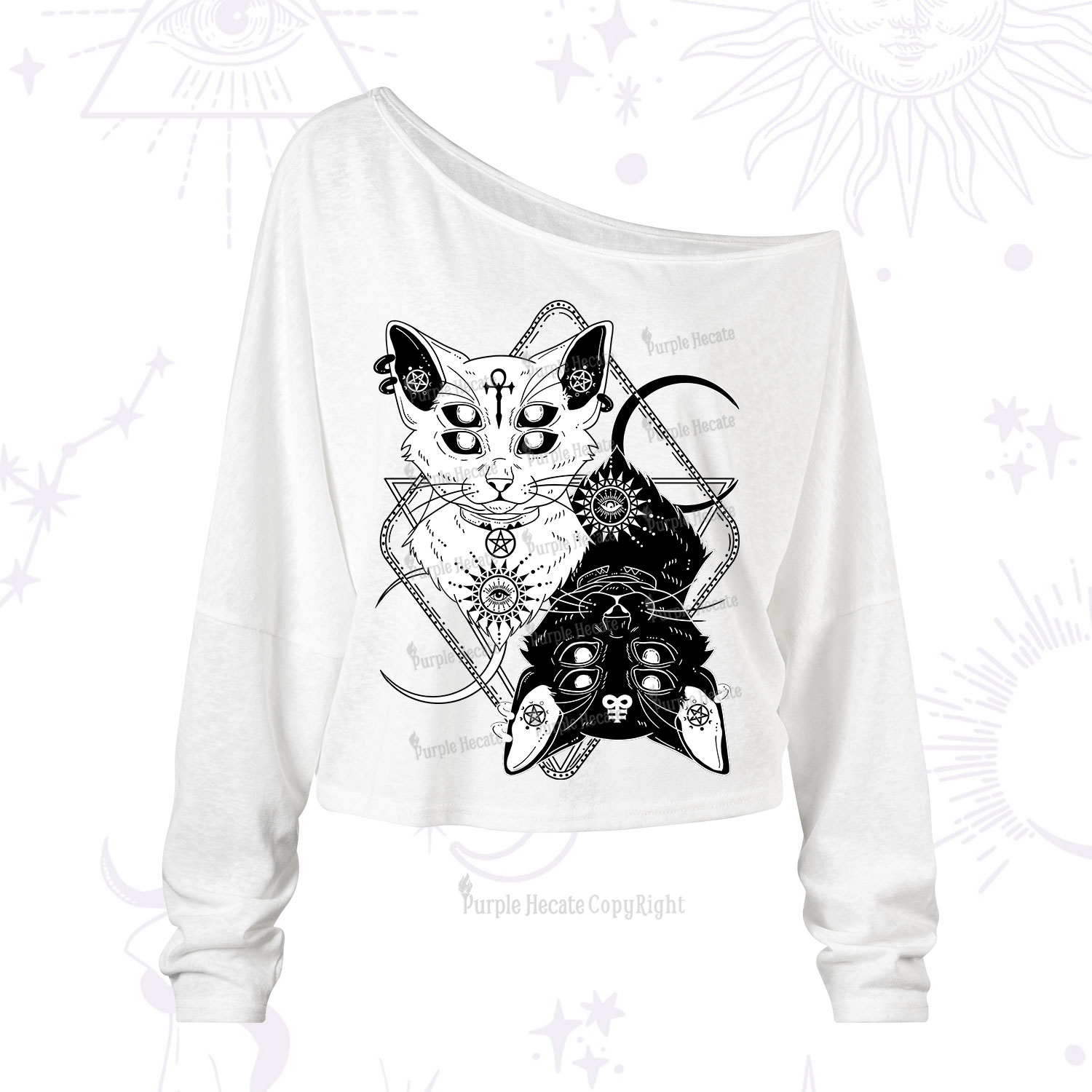 Purplehecate Occult Mirror Cats One Shoulder Long Sleeve Shirt