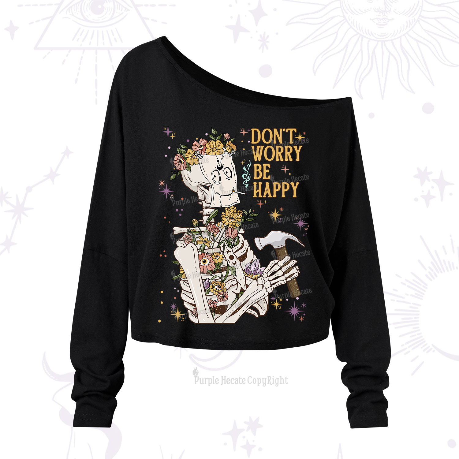 Purplehecate Don't Worry Be Happy One Shoulder Long Sleeve Shirt
