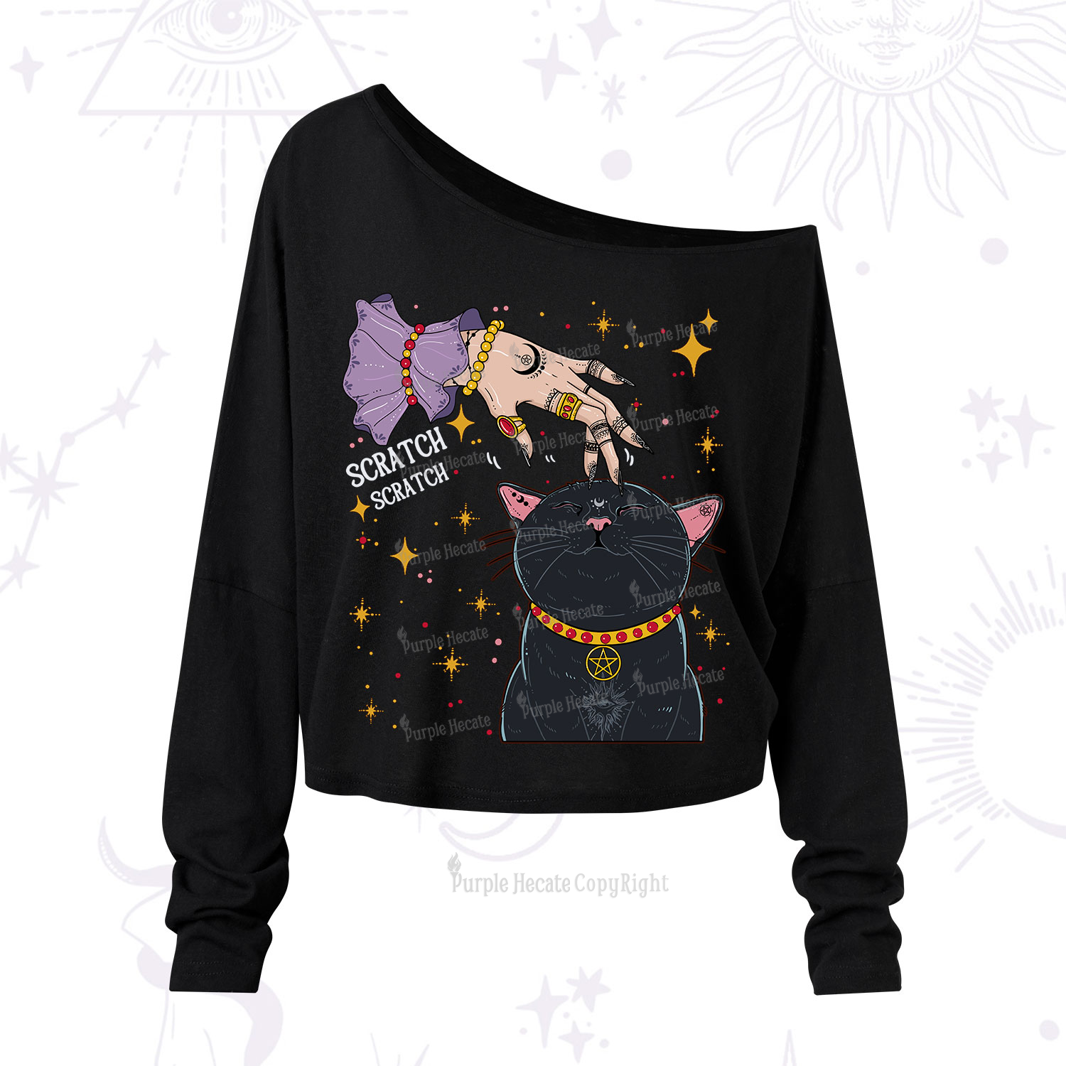 Purplehecate Witch's Cat Scratch One Shoulder Long Sleeve Shirt
