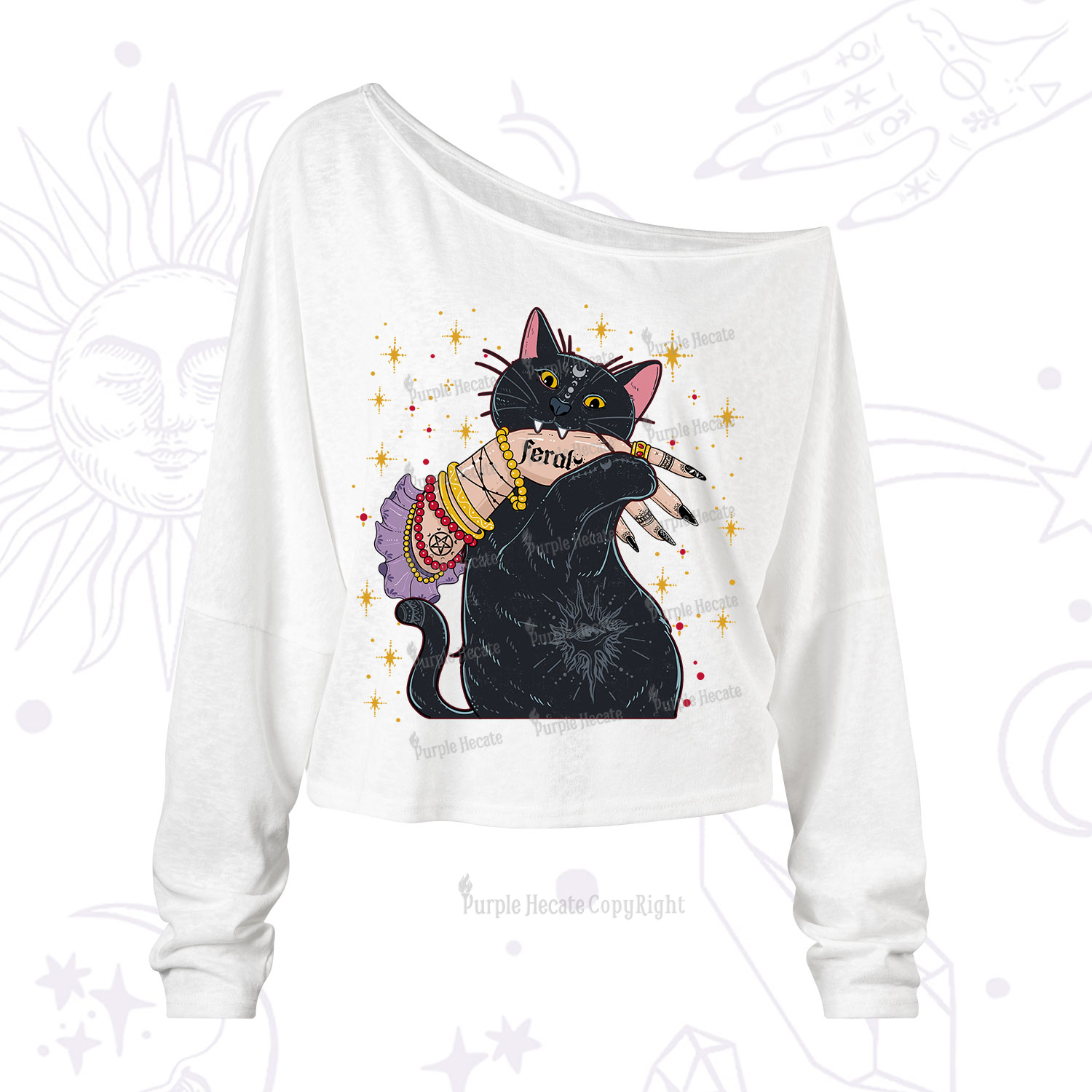 Purplehecate Feral Cat One Shoulder Long Sleeve Shirt