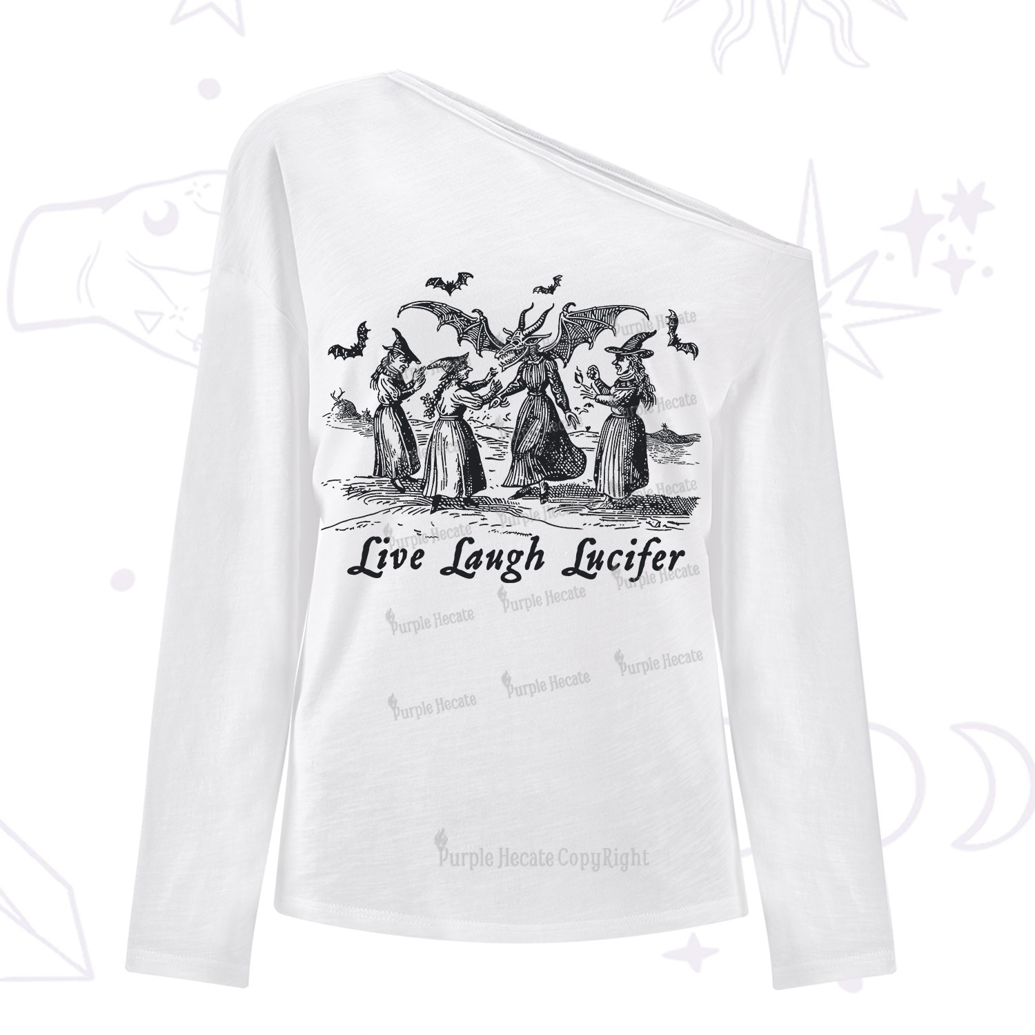 Purplehecate Live Laugh Lucifer Occult One Shoulder Long Sleeve Shirt
