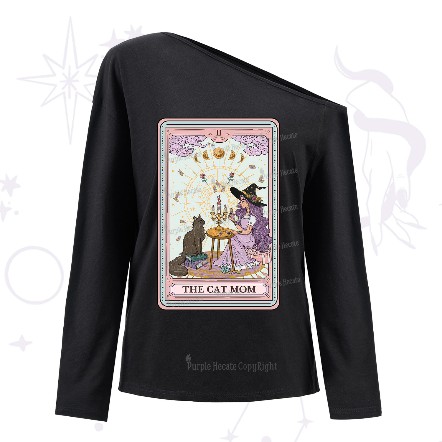Purplehecate The Cat Witch Mom Tarot  One Shoulder Long Sleeve Shirt