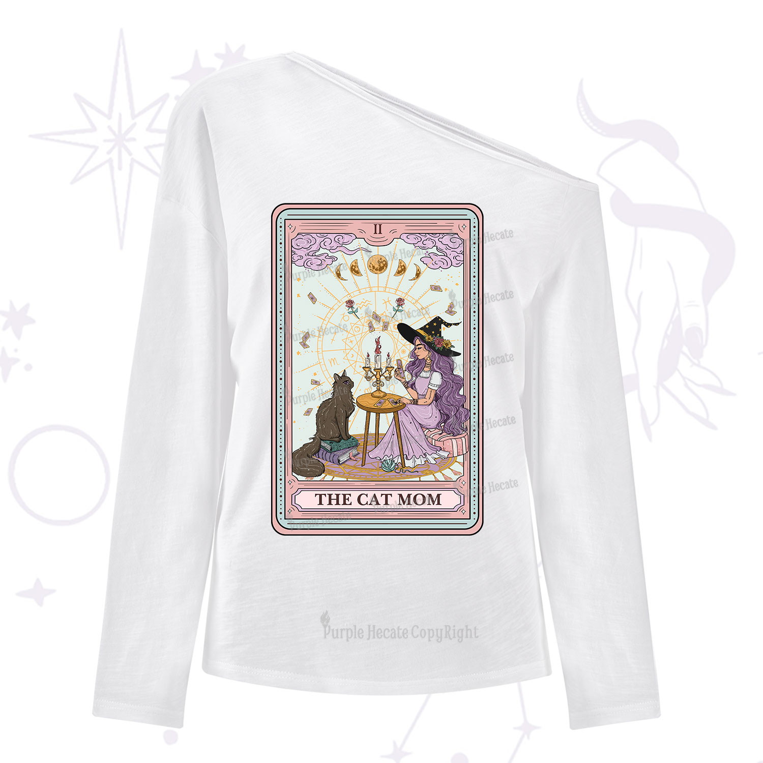Purplehecate The Cat Witch Mom Tarot  One Shoulder Long Sleeve Shirt