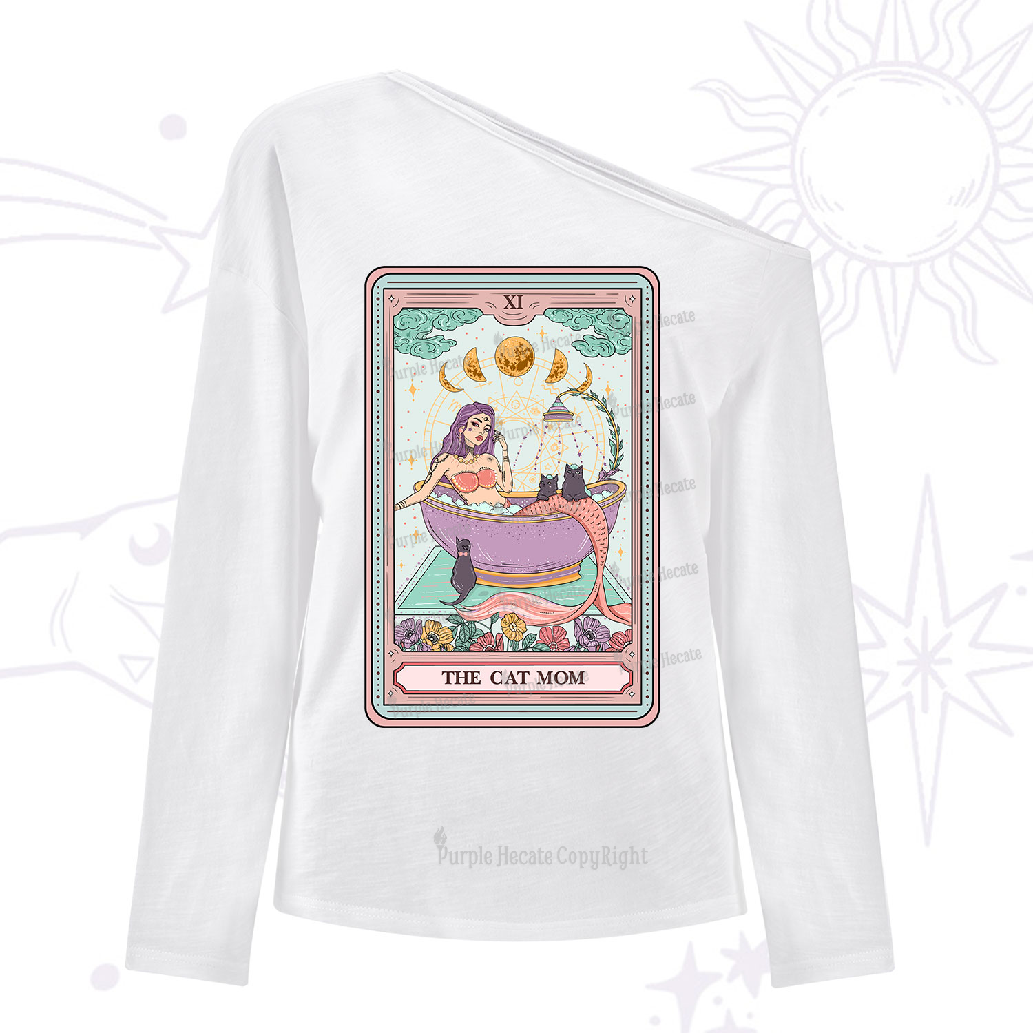 Purplehecate The Cat Mermaid Mom Tarot Card One Shoulder Long Sleeve Shirt