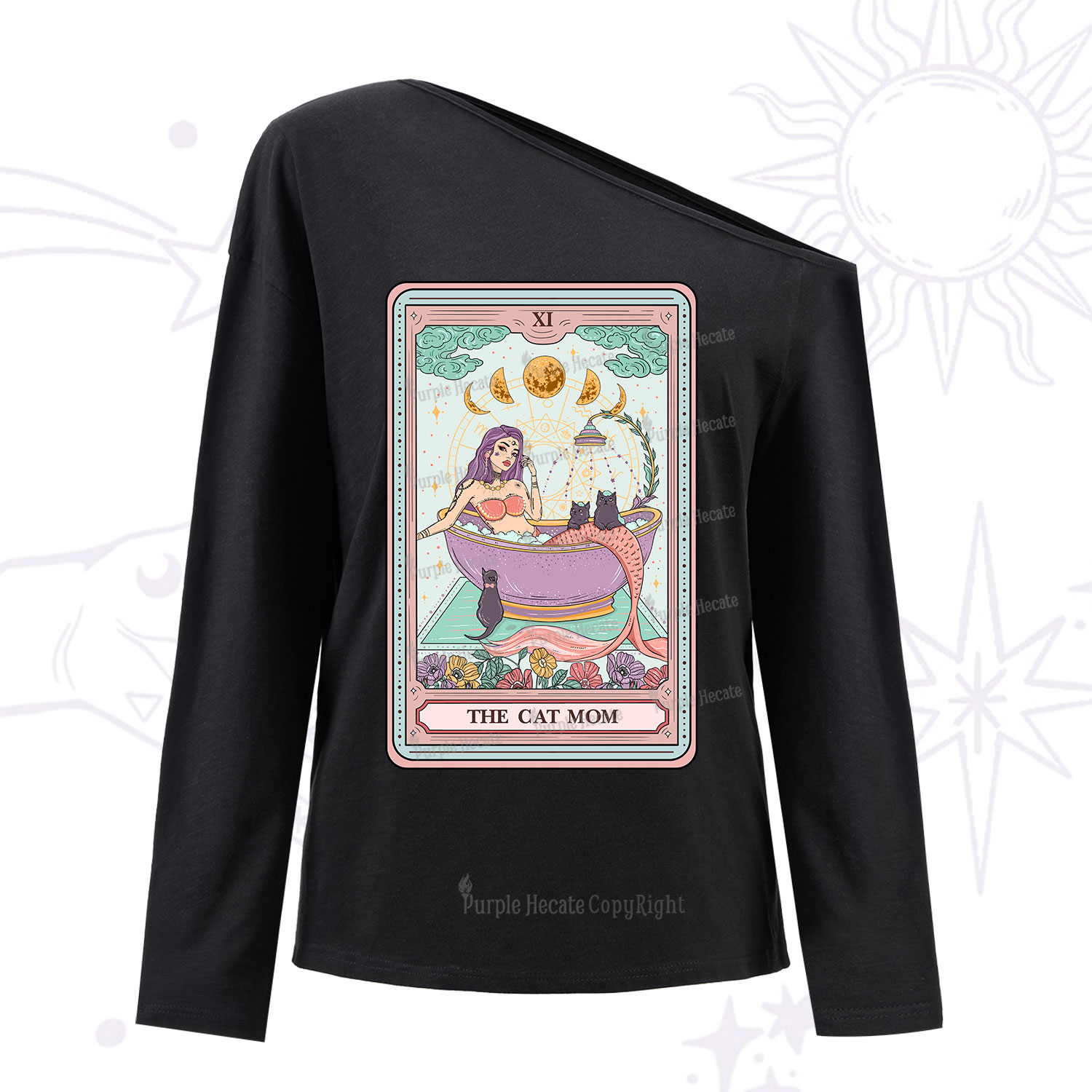Purplehecate The Cat Mermaid Mom Tarot Card One Shoulder Long Sleeve Shirt