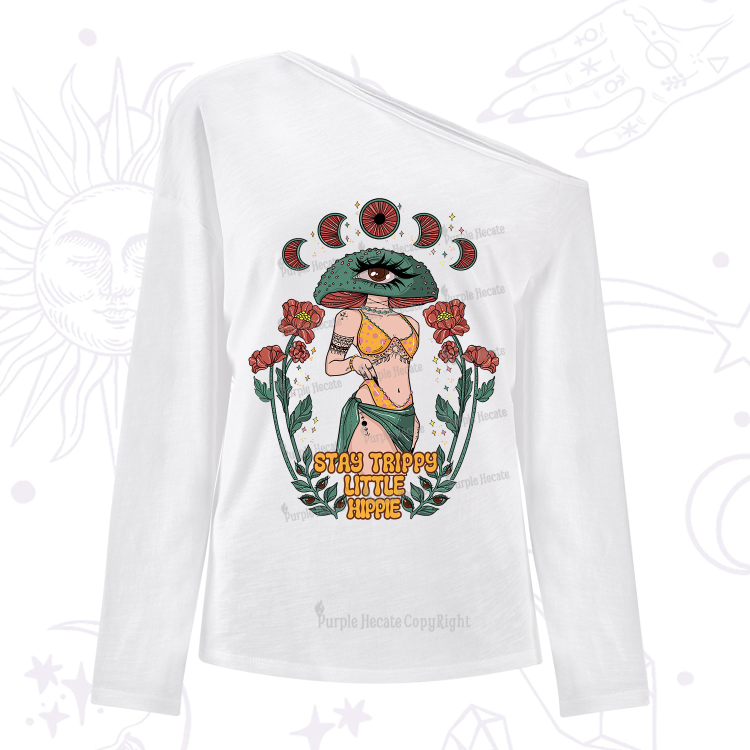 Purplehecate Stay Trippy Little Hippie One Shoulder Long Sleeve Shirt