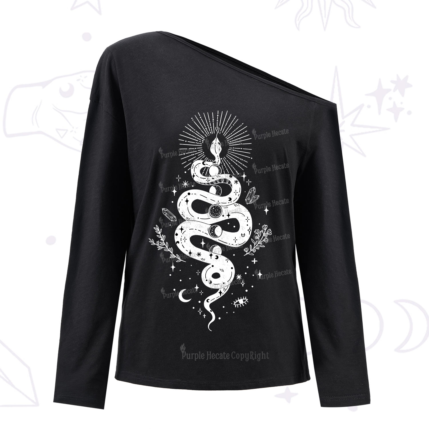 Purplehecate Mystical Moon Phases Snake One Shoulder Long Sleeve Shirt