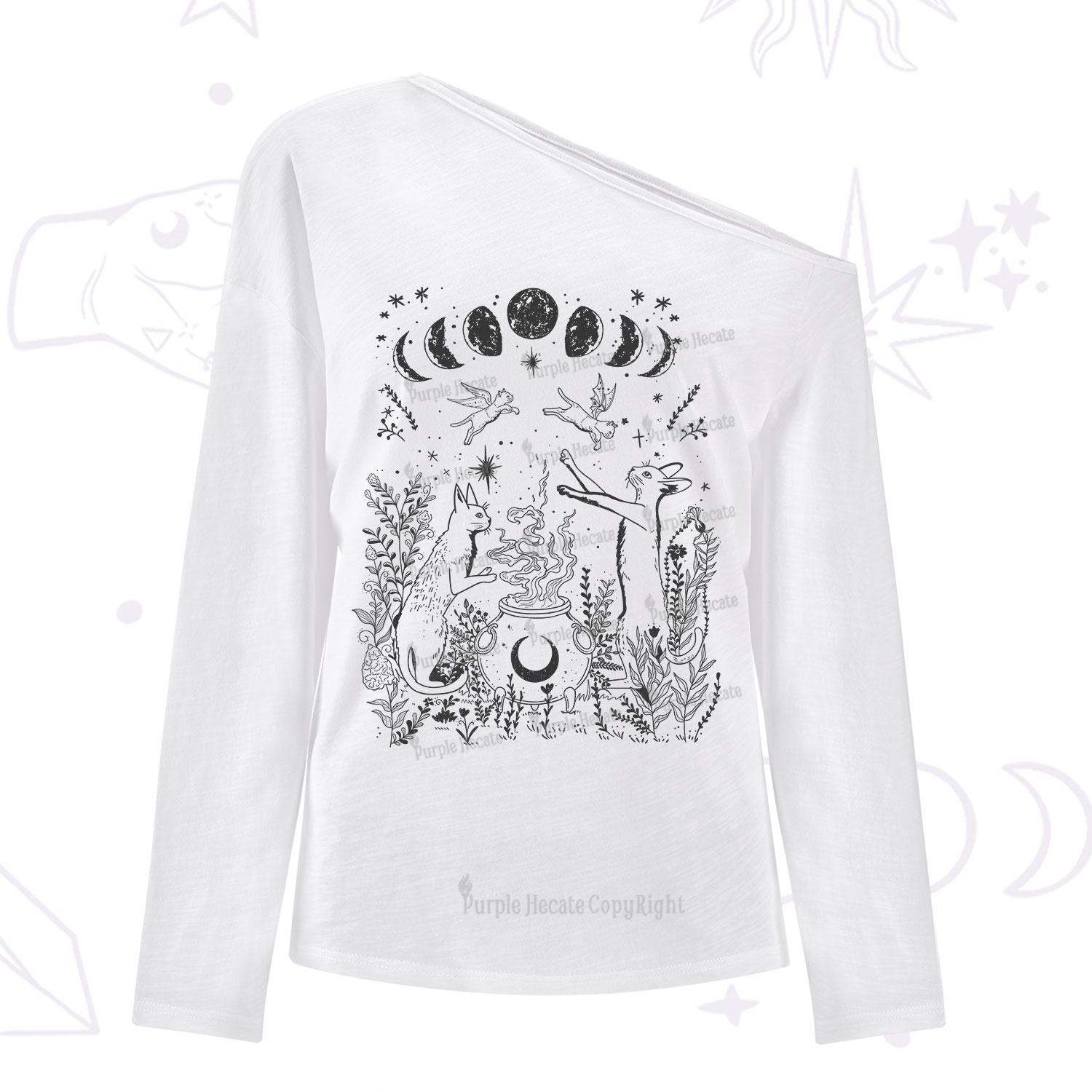 Purplehecate Celestial Cat One Shoulder Long Sleeve Shirt