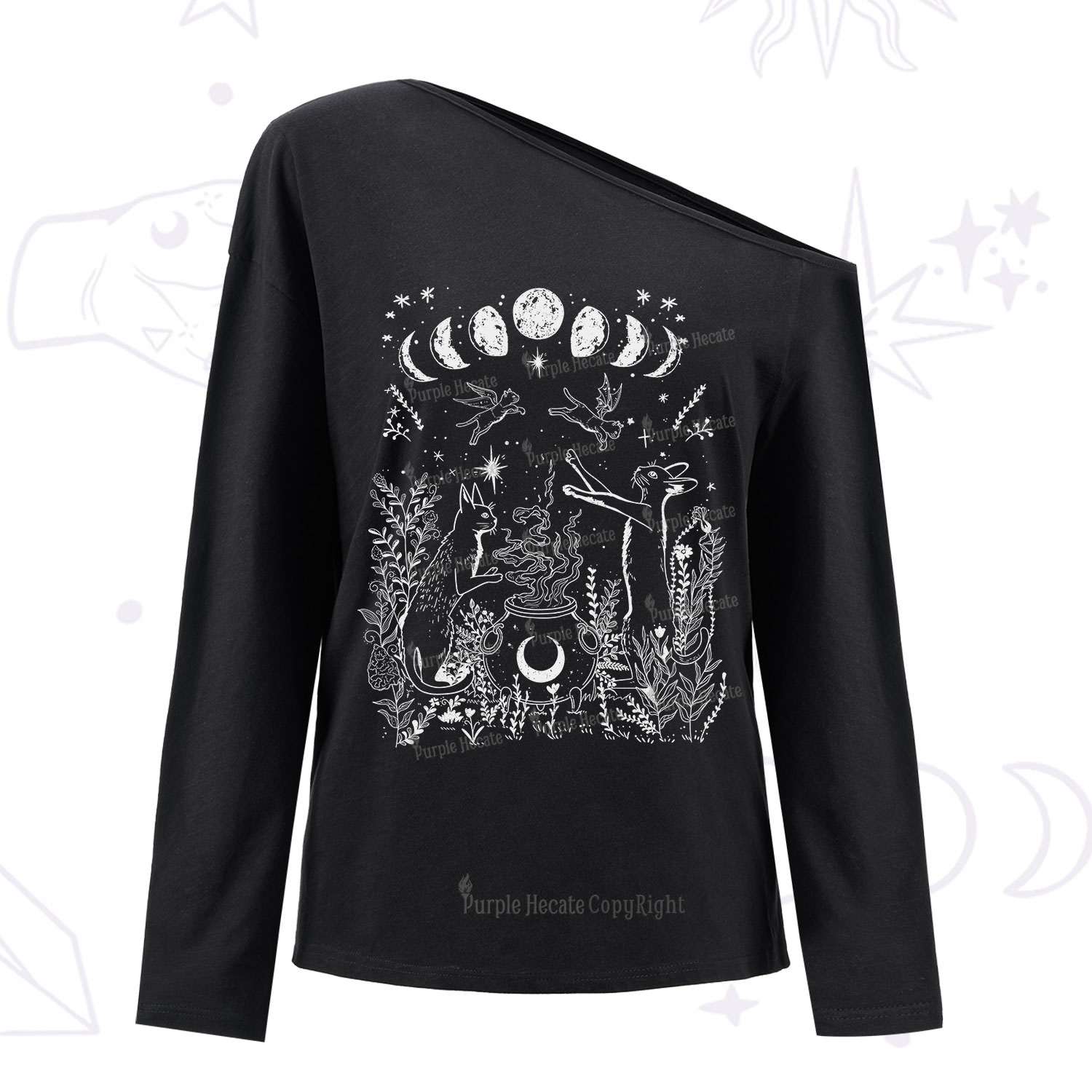 Purplehecate Celestial Cat One Shoulder Long Sleeve Shirt