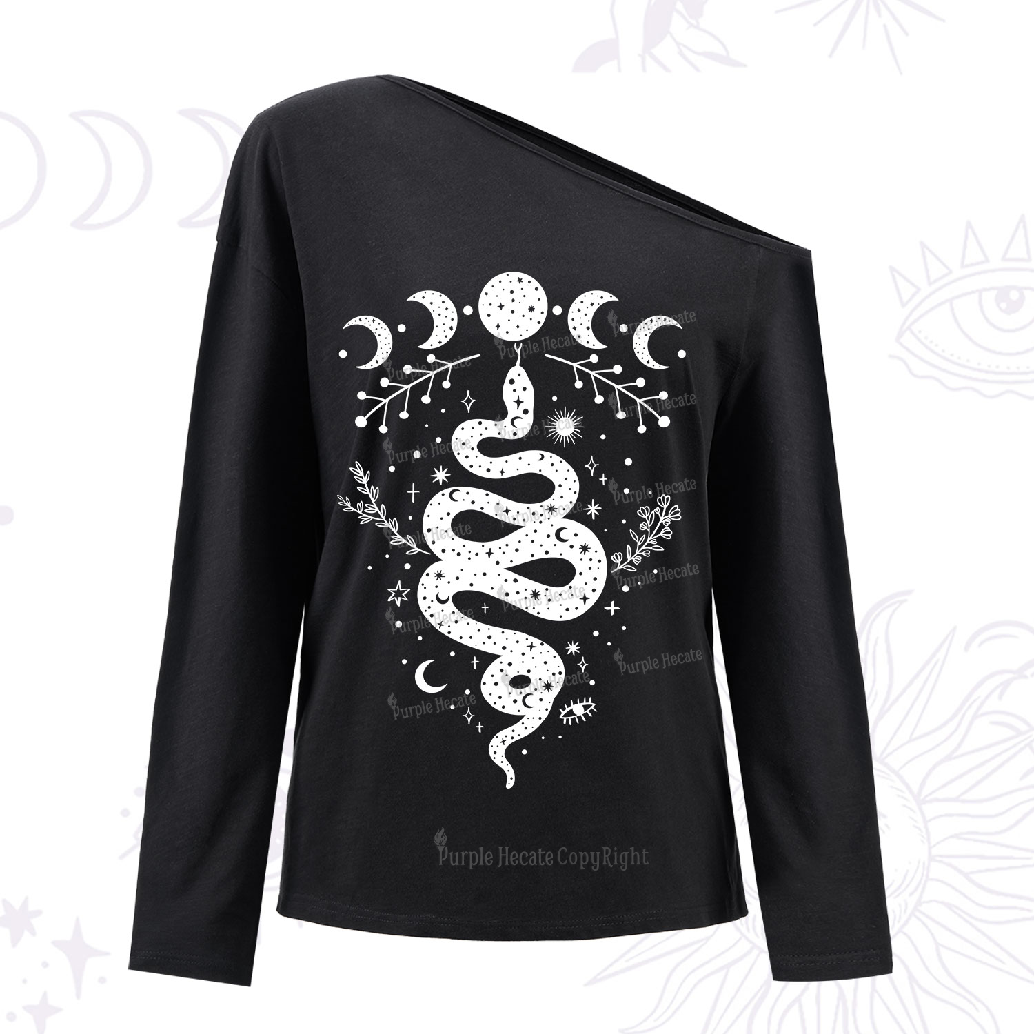 Purplehecate Snake And Moon Phase Comfort One Shoulder Long Sleeve Shirt