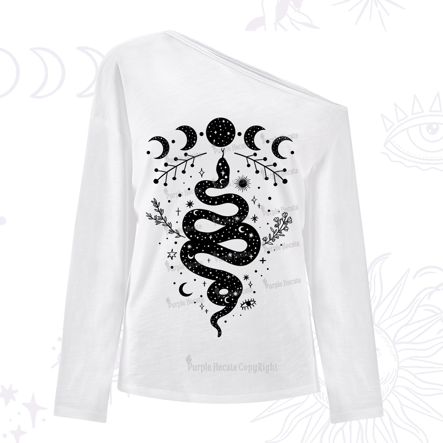 Purplehecate Snake And Moon Phase Comfort One Shoulder Long Sleeve Shirt
